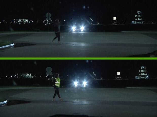 A person walking at night without reflective gear and the same person walking with a high-visibility vest.