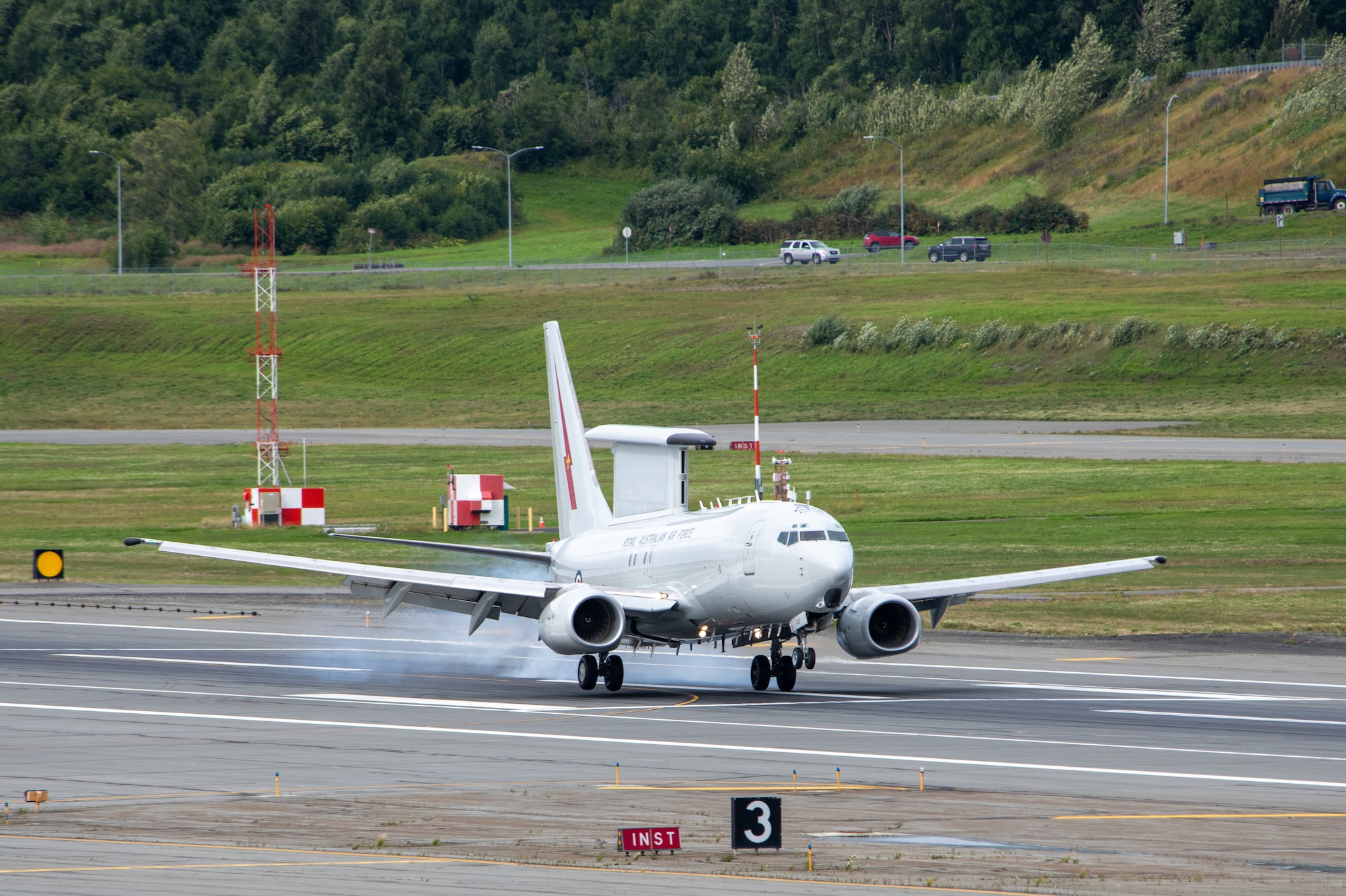 An E-7A Wedgetail lands at Joint Base Elmendorf-Richardson, Alaska