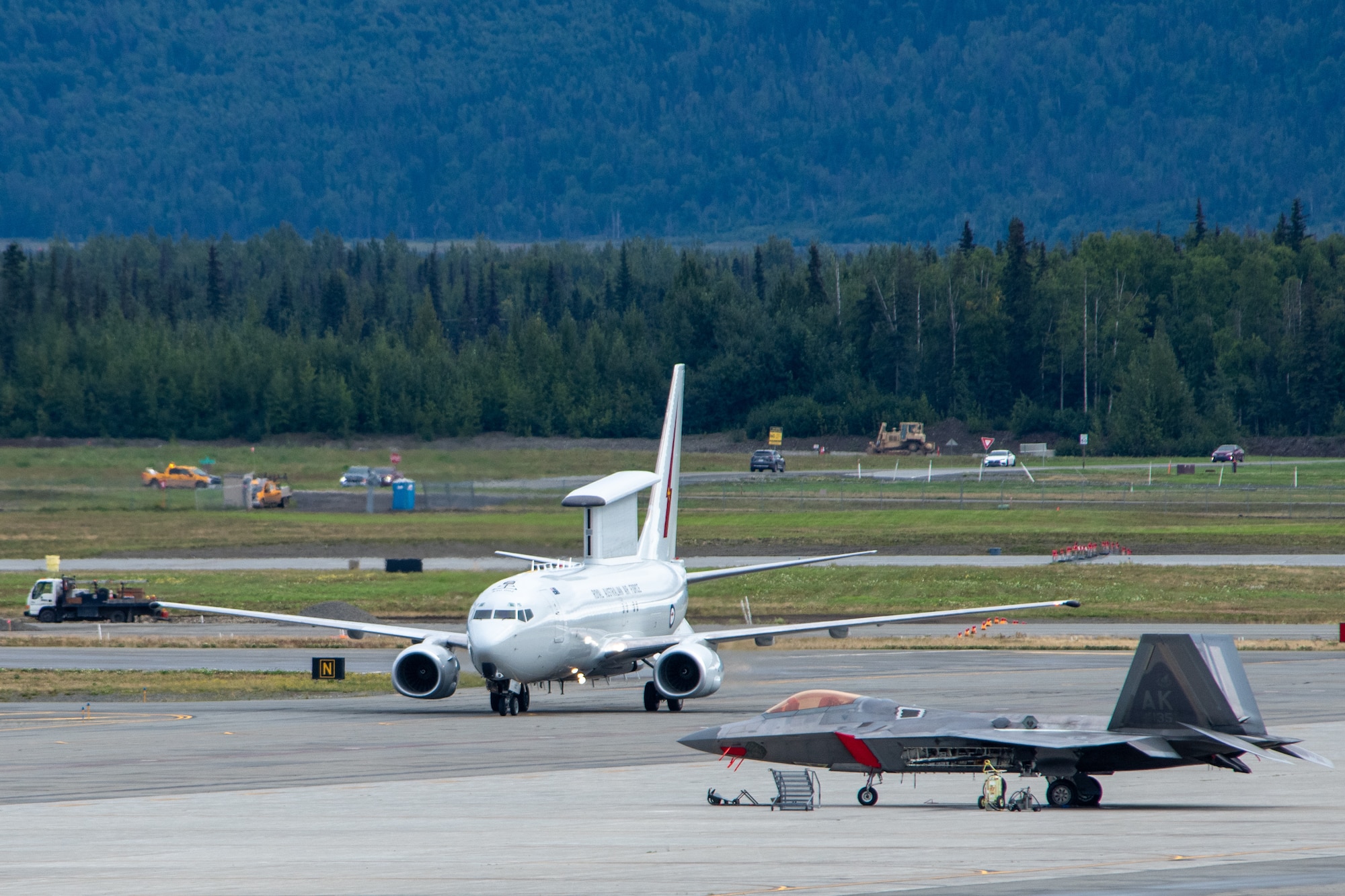 An E-7A Wedgetail taxis on a runway at Joint Base Elmendorf-Richardson, Alaska
