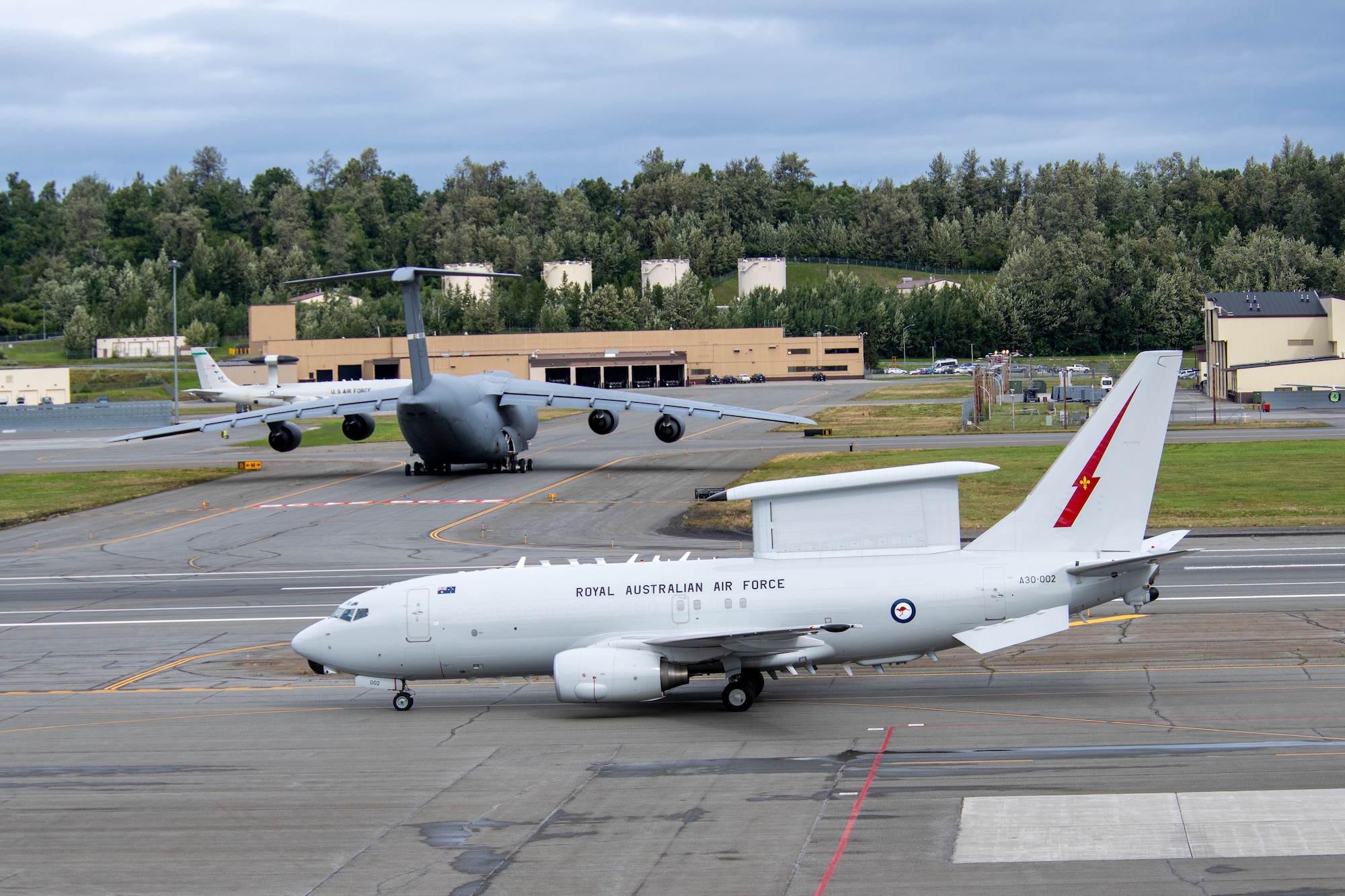 An E-7A Wedgetail taxis on a runway at Joint Base Elmendorf-Richardson, Alaska