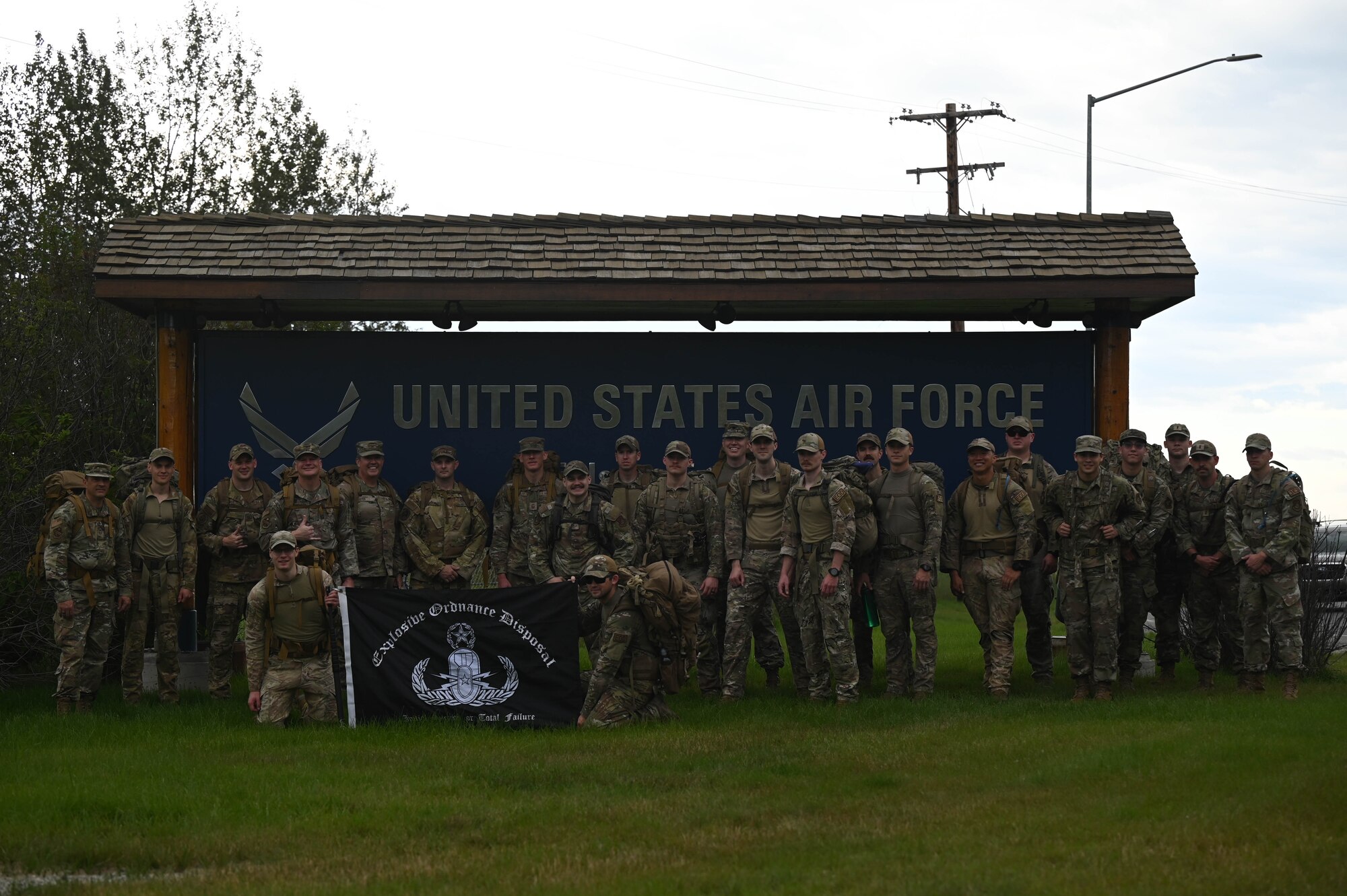 Airmen assigned to the 354th Civil Engineer Squadron march in the arctic memorial ruck at Eielson Air Force Base, Alaska, Aug. 16, 2024.