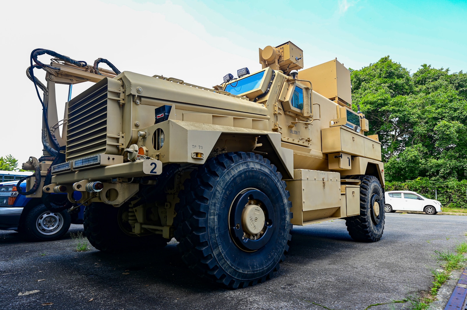 A Mine-Resistant Ambush Protected (MRAP) vehicle awaits repairs at Misawa Air Base, Japan. Aug. 19, 2024.