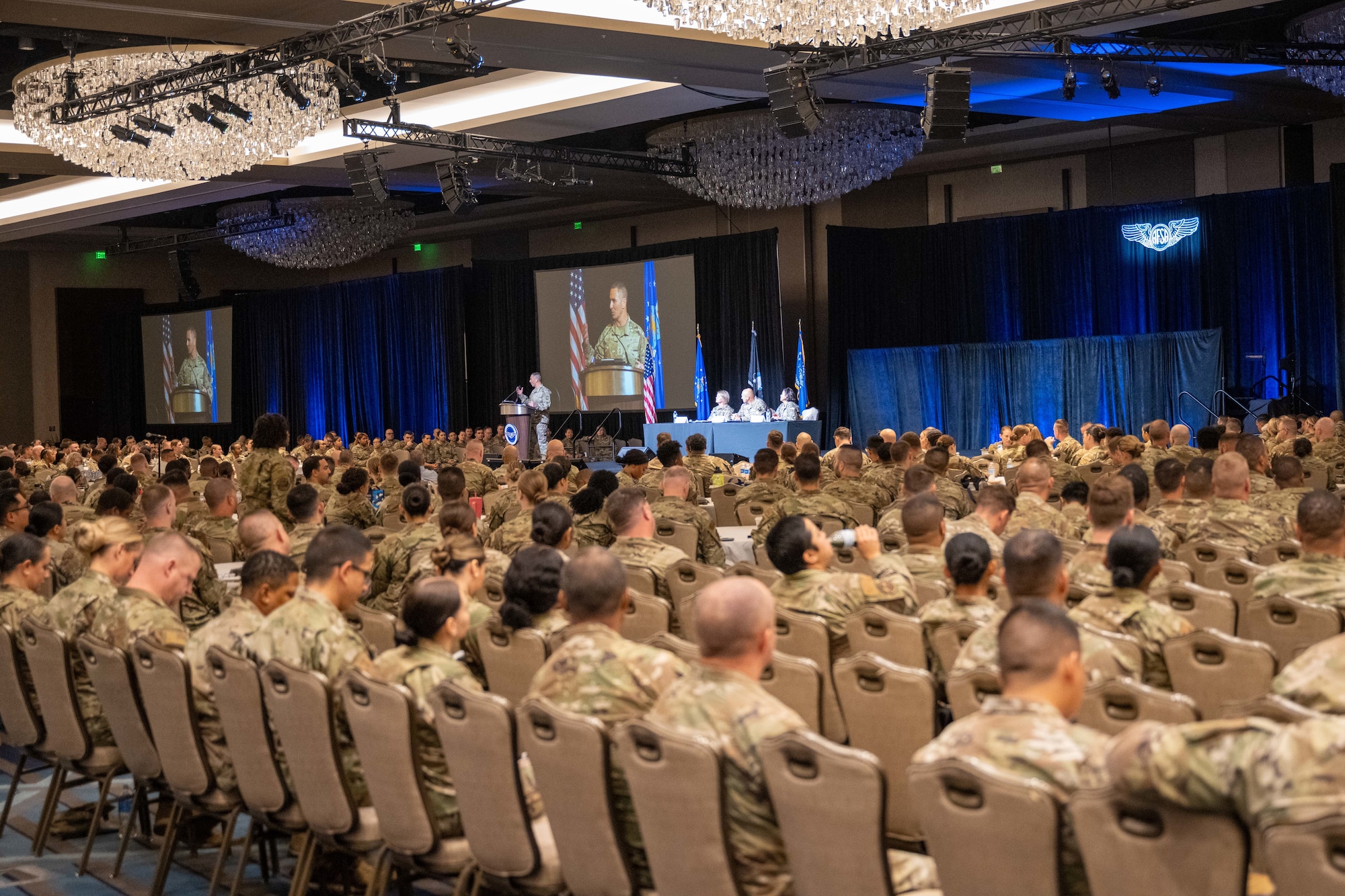 U.S. Air Force Chief Master Sgt. Katie McCool, Pacific Air Forces command chief, participates in a panel at the Air Force Sergeant Association’s 2024 International Convention and Professional Development Symposium in Houston, Texas, Aug. 13. McCool discussed the importance readiness as well as the importance of maintaining relationships with our allies and partners. (U.S. Air Force photo by Senior Master Sgt. Robert Webb)