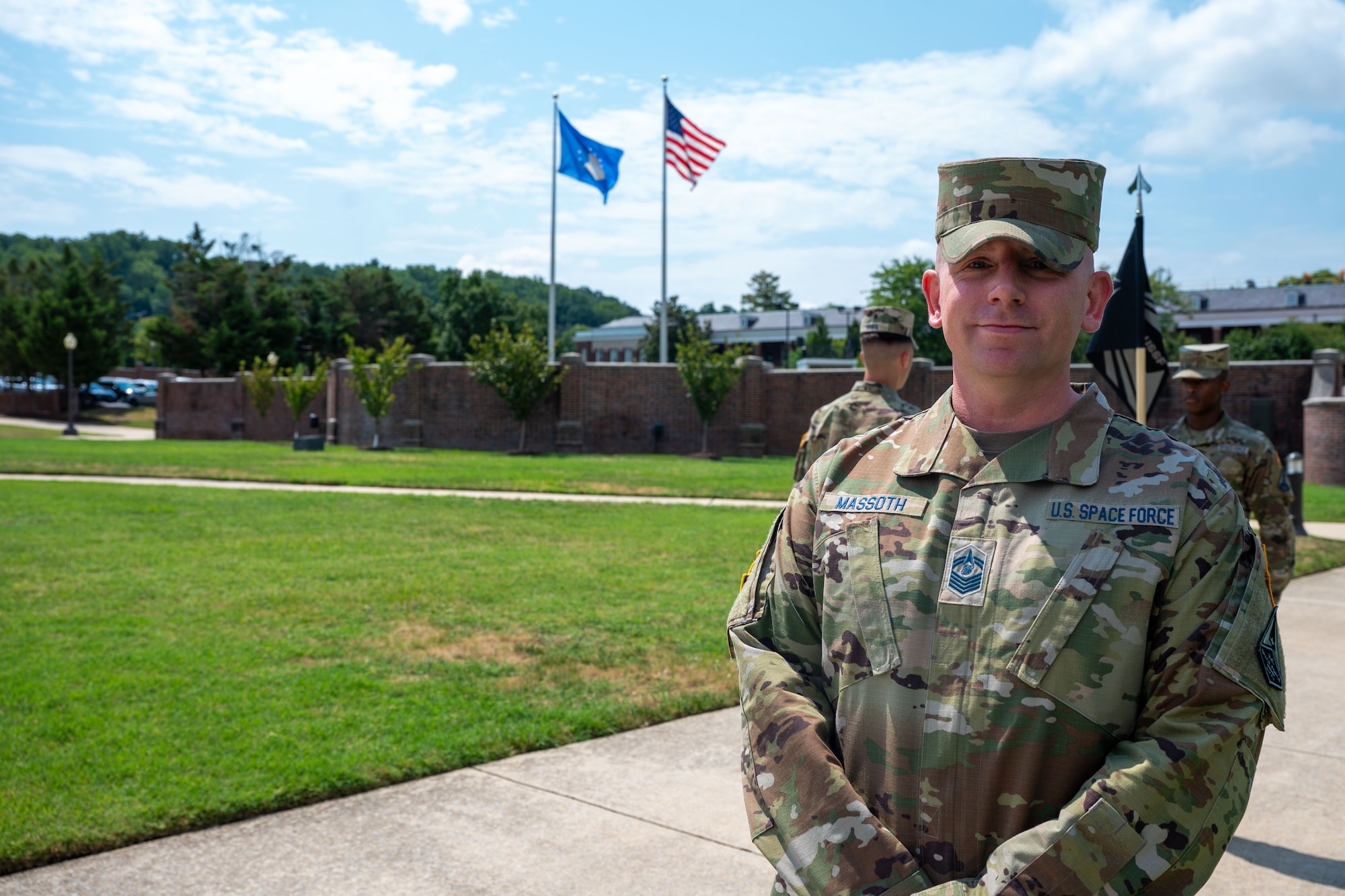 senior enlisted leader of the U.S. Space Force Honor Guard, poses for a photo in the squadron area of the U.S. Air Force Honor Guard