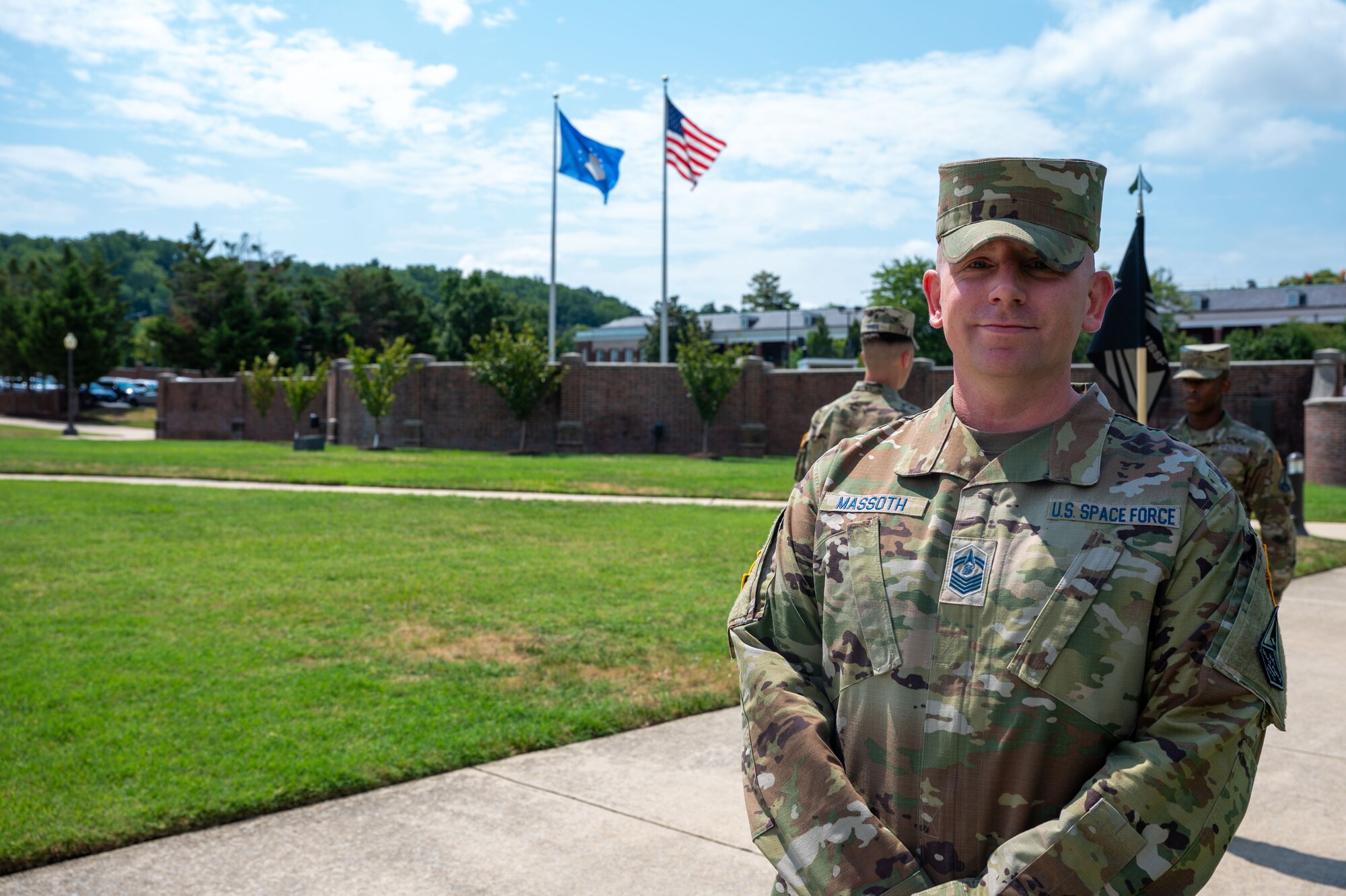 senior enlisted leader of the U.S. Space Force Honor Guard, poses for a photo in the squadron area of the U.S. Air Force Honor Guard