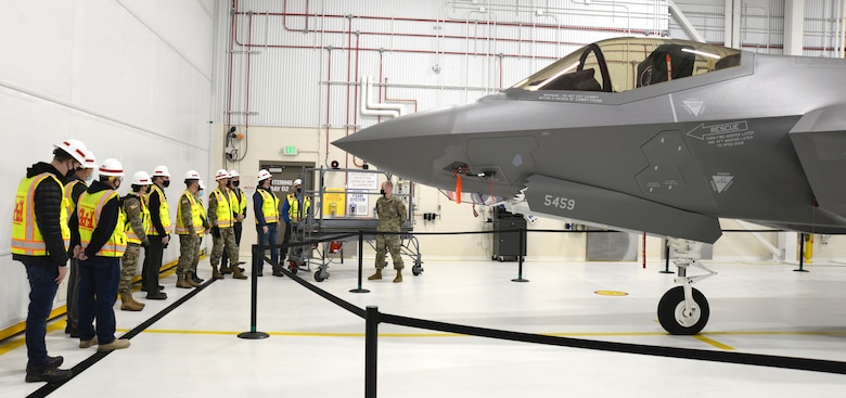 USACE's senior leadership view an F-35 closeup during a project site visit. The Department of Defense invested about $600 million on a beddown program at the installation located near North Pole, Alaska. Also known as the “joint strike fighter,” two new squadrons of 54 aircraft now have the proper facilities to support their missions thanks to the design and construction work of the U.S. Army Corps of Engineers – Alaska District.