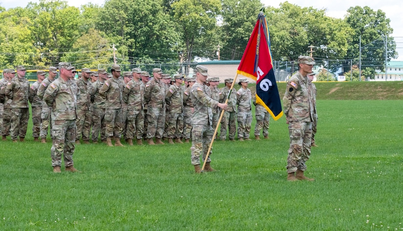 U.S. Soldiers with the Pennsylvania National Guard’s 56th Stryker Brigade Combat Team honored during a deployment ceremony at Strickler Field on Fort Indiantown Gap, Pennsylvania, Aug. 21, 2024.