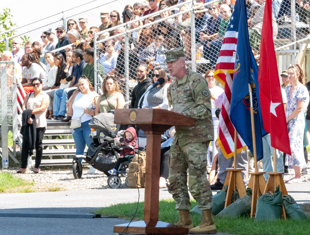 U.S. Soldiers with the Pennsylvania National Guard’s 56th Stryker Brigade Combat Team honored during a deployment ceremony at Strickler Field on Fort Indiantown Gap, Pennsylvania, Aug. 21, 2024.