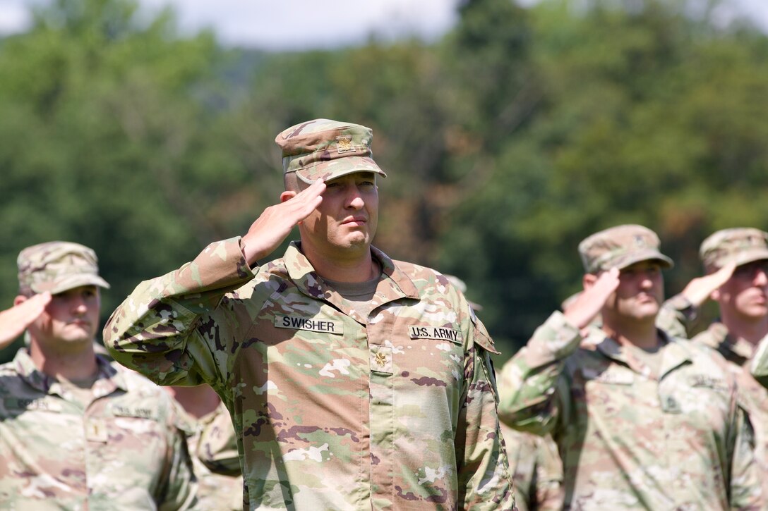 U.S. Soldiers with the 56th Stryker Brigade Combat Team, 28th Infantry Division, Pennsylvania National Guard are honored during a deployment ceremony at Strickler Field at Fort Indiantown Gap, Pennsylvania, Aug. 21, 2024.