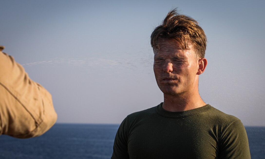 U.S. Marine Corps Sgt. Nicholas Bates, an anti-tank missile gunner with combined anti-armor team, Battalion Landing Team 1/8, 24th Marine Expeditionary Unit (MEU) Special Operations Capable (SOC), participates in a non-lethal weapons course aboard the Harpers Ferry-class dock landing ship USS Oak Hill (LSD 51), while underway in the Mediterranean Sea, Aug. 7, 2024. The Wasp Amphibious Ready Group-24th MEU (SOC) is on a scheduled deployment to U.S. Naval Forces Europe and Africa area of operations to support U.S., Allied and partner interests in the region, including in the Eastern Mediterranean Sea, and to continue promoting regional stability and deterring aggression. (U.S. Marine Corps photo by Sgt. Jacqueline Peguero-Montes)