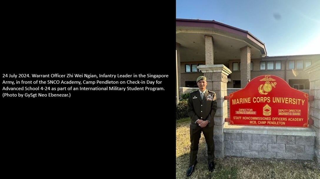 24 July 2024. Warrant Officer Zhi Wei Ngian, Infantry leader in the Singapore Army, in front of the SNCO Academy, Camp Pendleton on Check-in Day for Advanced School 4-24 as part of an International Military Student Program. (Photo by GySgt Neo Ebenezar.)