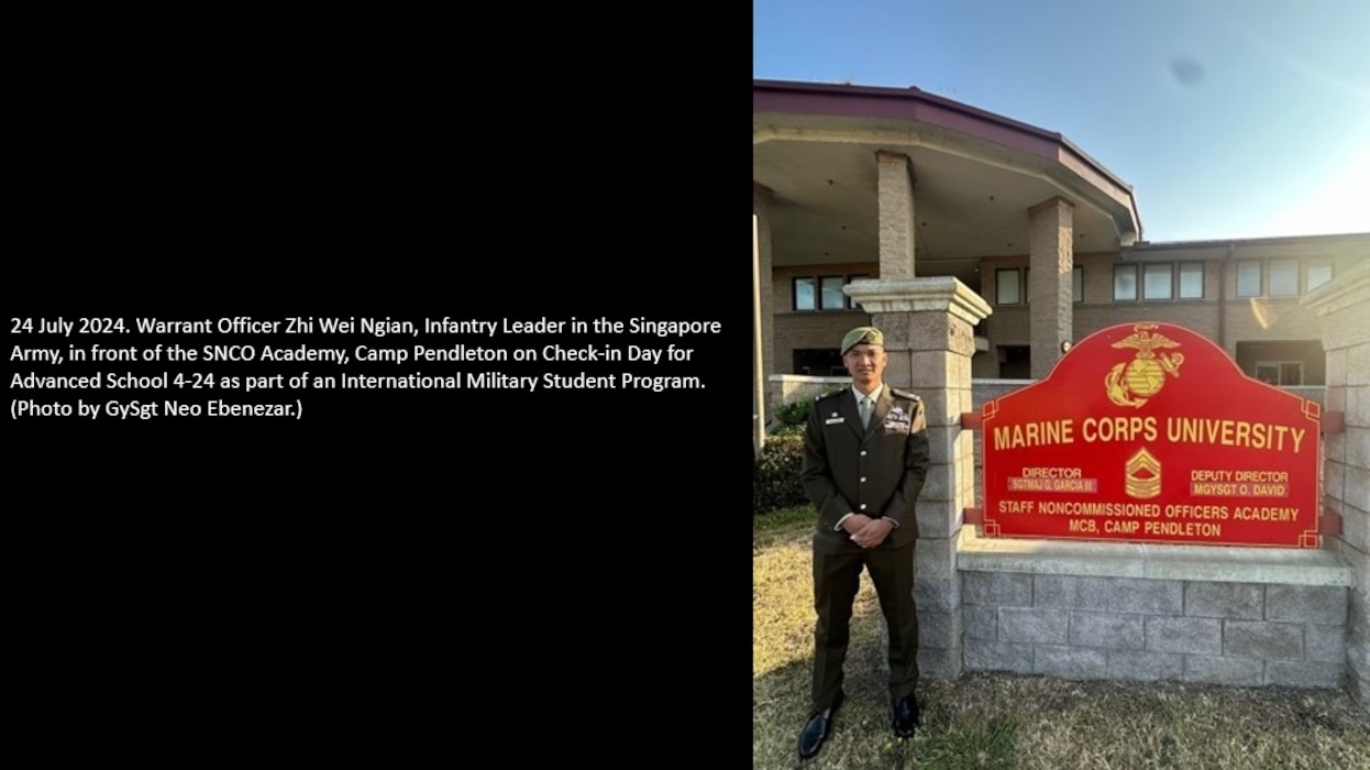 24 July 2024. Warrant Officer Zhi Wei Ngian, Infantry leader in the Singapore Army, in front of the SNCO Academy, Camp Pendleton on Check-in Day for Advanced School 4-24 as part of an International Military Student Program. (Photo by GySgt Neo Ebenezar.)