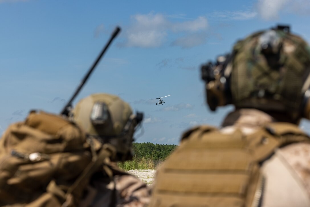 U.S. Marines with 2nd Air Naval Gunfire Liaison Company, II Marine Expeditionary Force Information Group, II MEF, watch a Bell AH-1Z Viper fly by during close air support as part of Unit Enhancement Training 24-2 at Marine Corps Base Camp Lejeune, North Carolina, July 18, 2024. UET-24-2 is a bilateral military exercise held to strengthen interoperability and build upon the longstanding military relationship between U.S, Marines and United Arab Emirates Presidential Guard Soldiers. (U.S. Marine Corps photo by Cpl. Rafael Brambila-Pelayo)