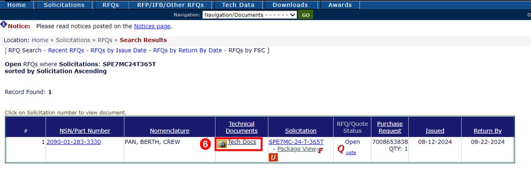 Locate the desired solicitation information and click on the link labeled Tech Docs.