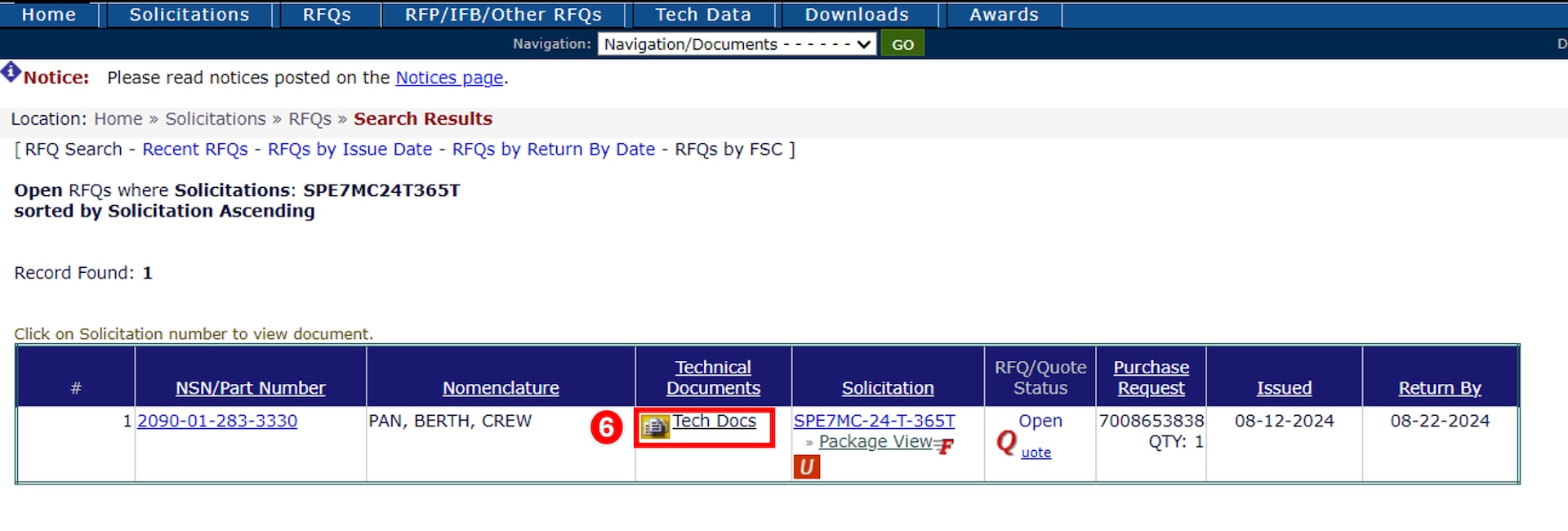 Locate the desired solicitation information and click on the link labeled Tech Docs.