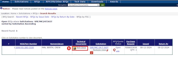 Locate the desired solicitation information and click on the link labeled Tech Docs.