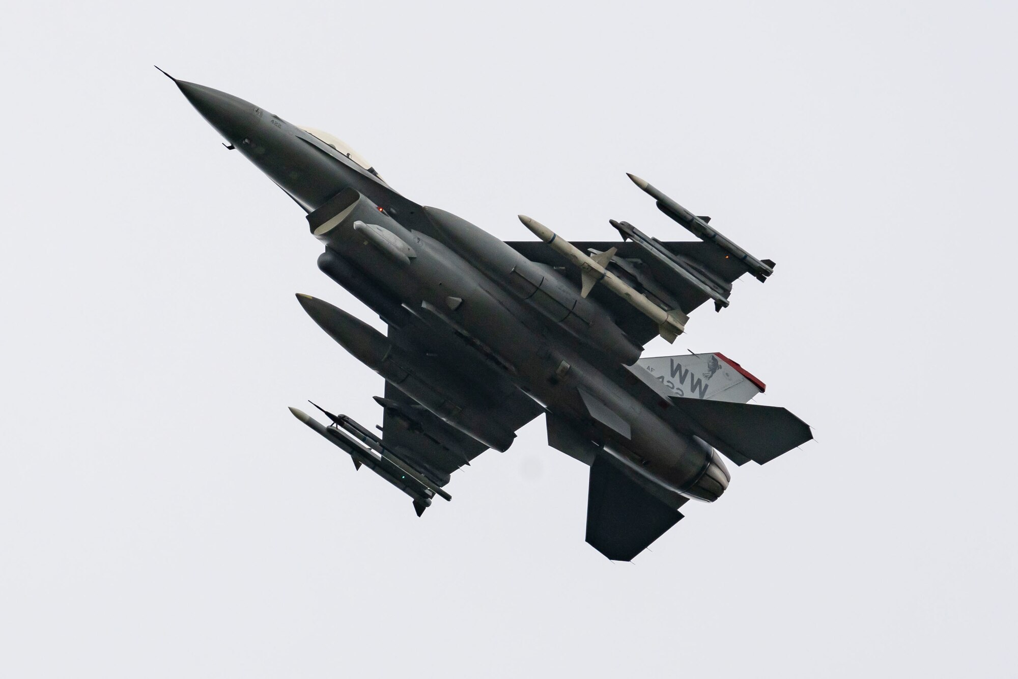 A U.S. Air Force F-16 Fighting Falcon assigned to the 13th Fighter Squadron, Misawa Air Base, Japan, flies during Red Flag-Alaska 24-3 over Eielson Air Force Base, Alaska.