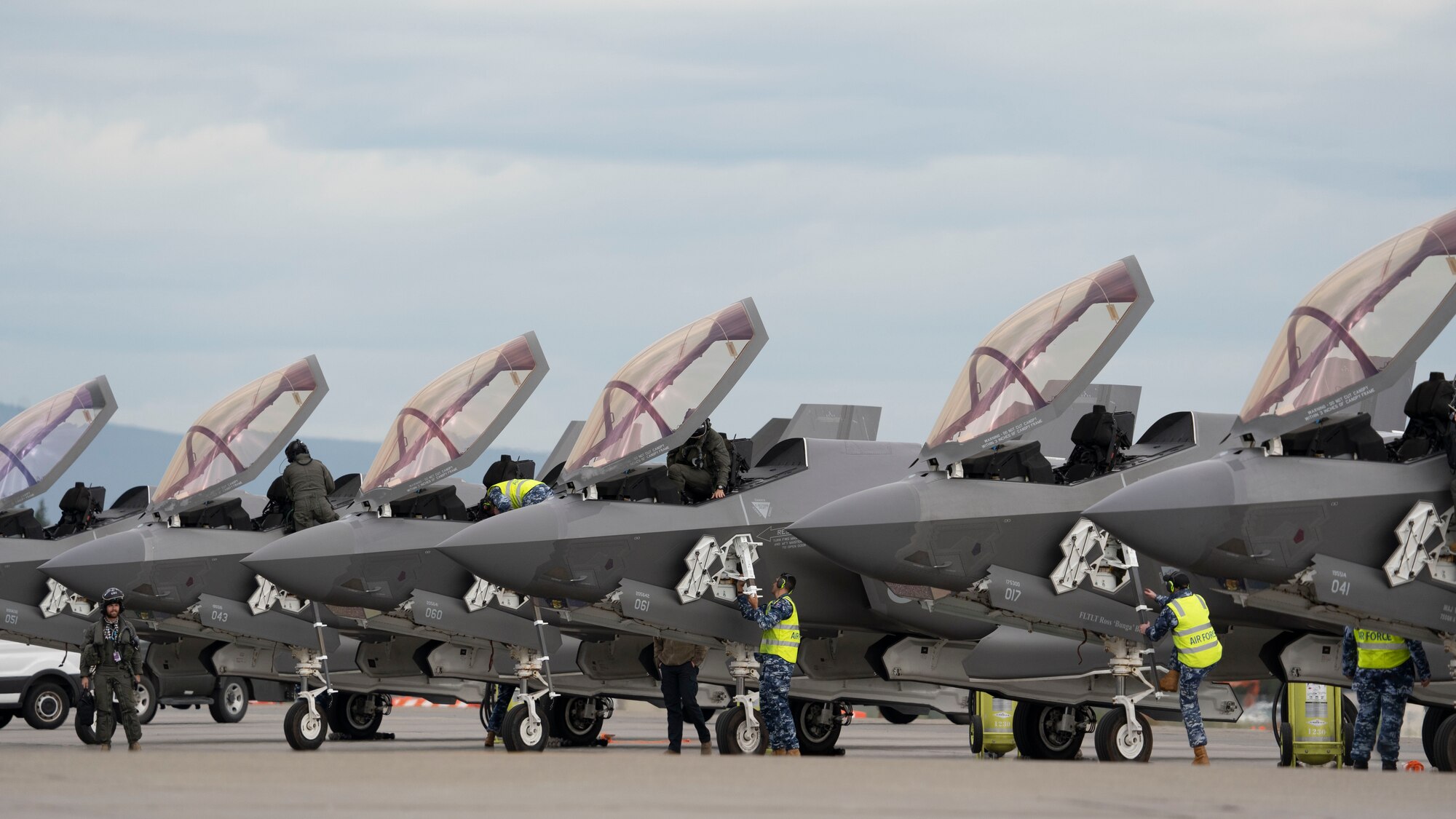 Royal Australian Air Force F-35A Lightning IIs assigned to No. 75 Squadron, RAAF Base Tindal, are prepared for a flight during Red Flag-Alaska 24-3 at Eielson Air Force Base, Alaska.