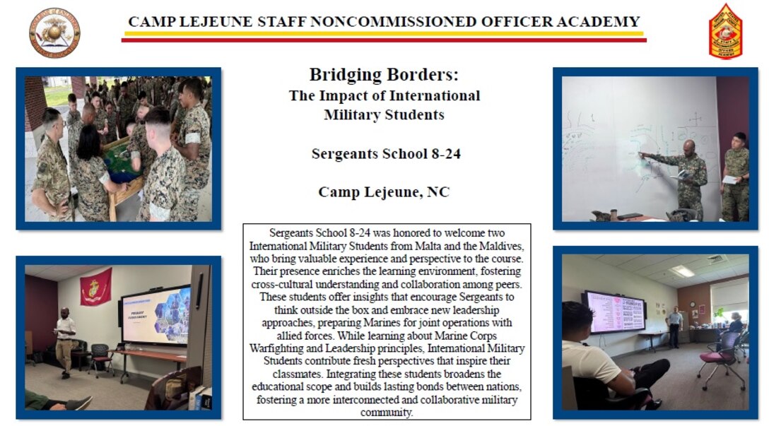 Sergeants School 8-24, SNCO Academy Camp Lejeune, was honored to welcome two International Military Students from Malta and the Maldives, who bring valuable experience and perspective to the course.