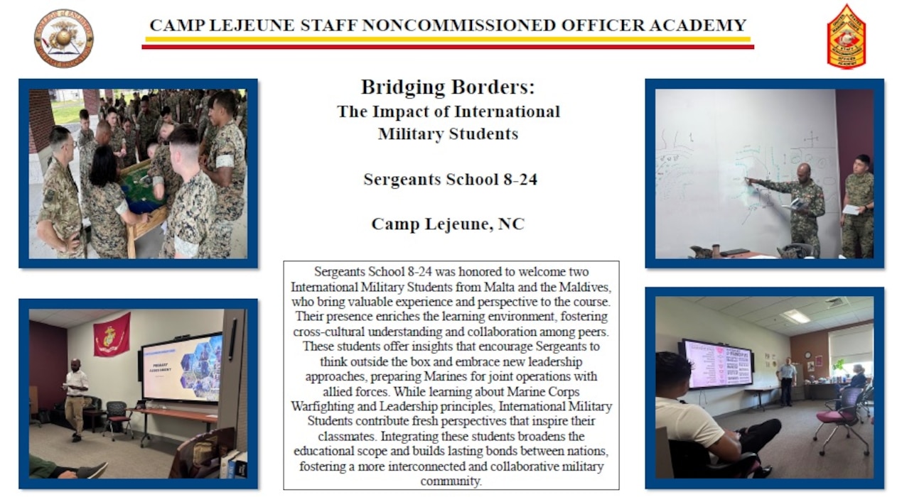 Sergeants School 8-24, SNCO Academy Camp Lejeune, was honored to welcome two International Military Students from Malta and the Maldives, who bring valuable experience and perspective to the course.