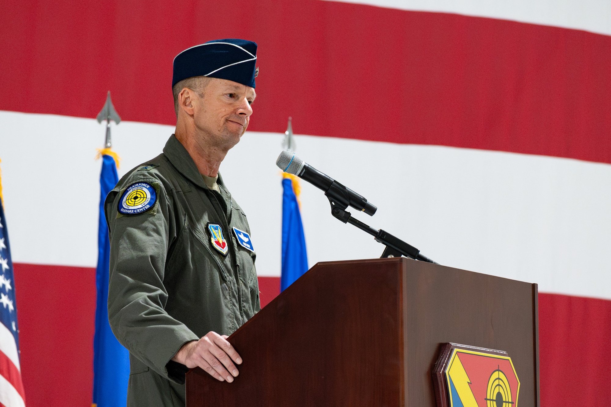 U.S. Air Force Maj. Gen. Christopher Niemi, commander of the U.S. Air Force Warfare Center, delivers a speech