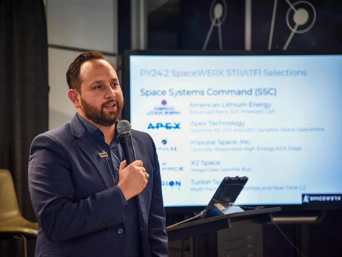 Arthur Grijalva, SpaceWERX director, announces the SpaceWERX Program Year 2024.2 Strategic Funding Increase contract award selections from its Phase II eligible applicants at the Fed Supernova conference in Austin, Texas, Aug. 22, 2024.