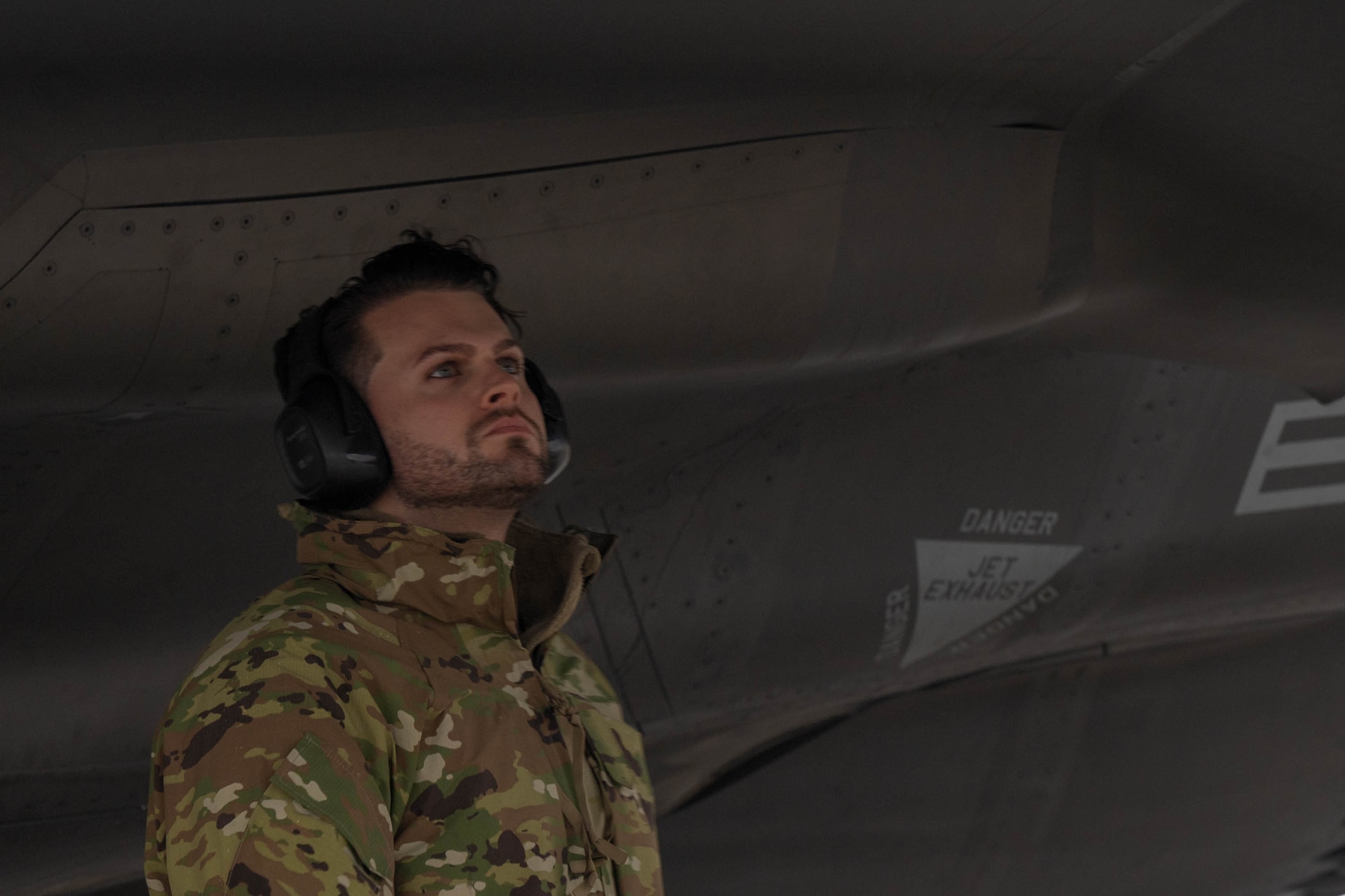 U.S. Air Force Staff Sgt. Jeremy Cobb, a crew chief assigned to the 944th Aircraft Maintenance Squadron Luke Air Force Base, Ariz., runs through pre-flight checks during Red Flag-Alaska 24-3 at Eielson Air Force Base, Alaska, Aug. 22, 2024.