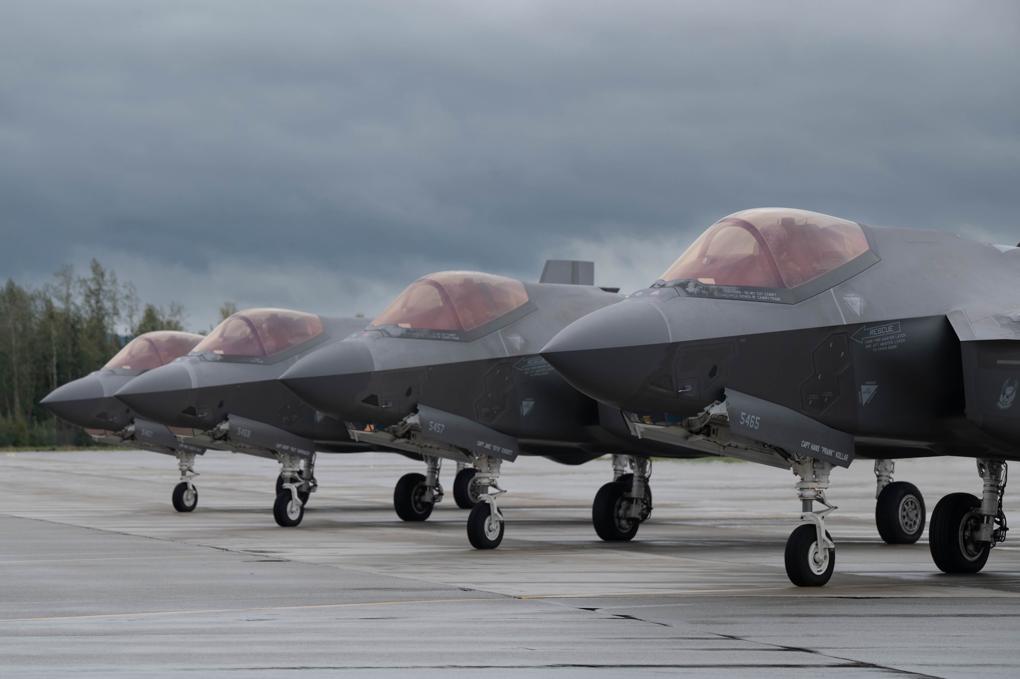 Four F-35A Lightning II’s, assigned to the 355th Fighter Squadron, stand by for takeoff during Red Flag-Alaska 24-3 at Eielson Air Force Base, Alaska, Aug. 22, 2024.