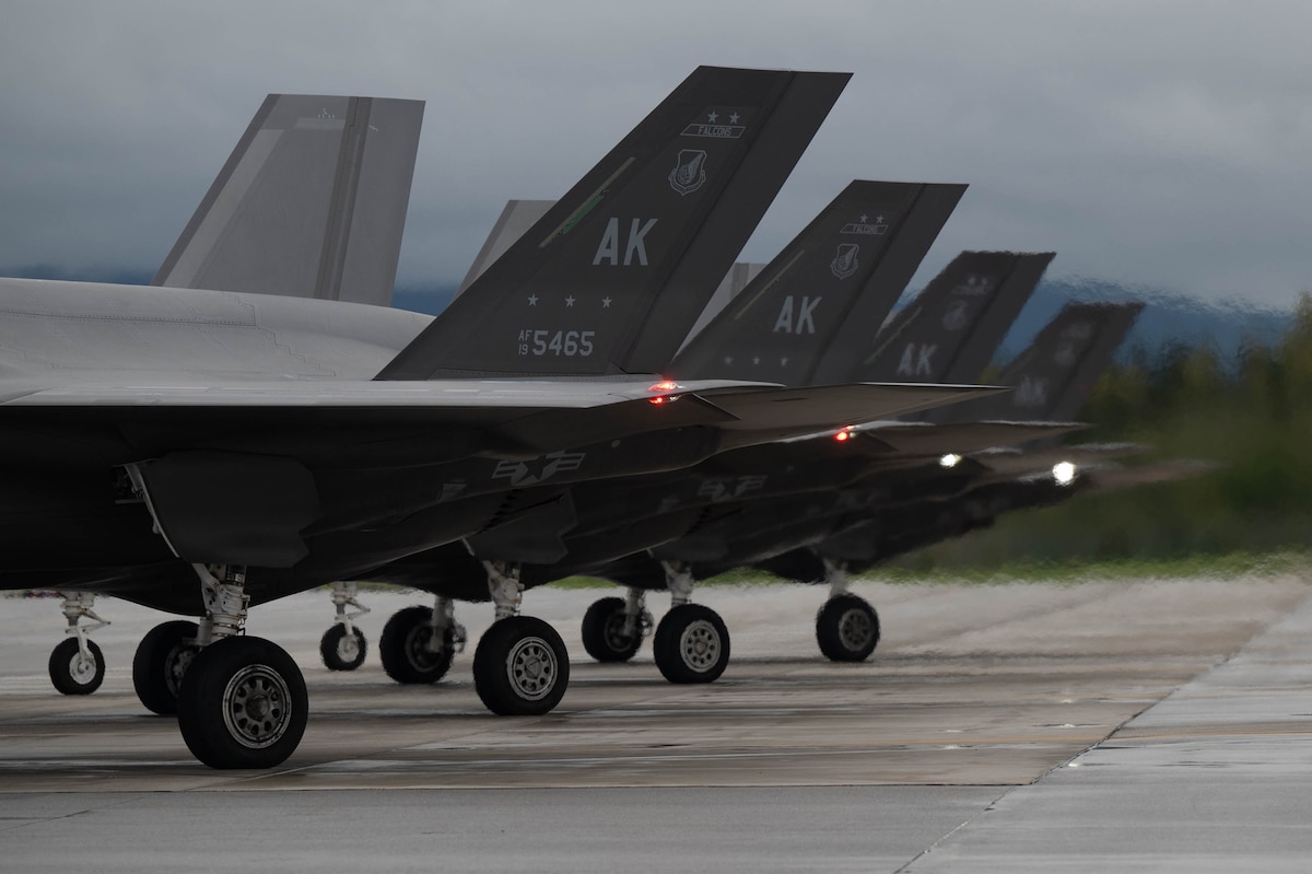 Four F-35A Lightning II’s, assigned to the 355th Fighter Squadron, stand by for takeoff during Red Flag-Alaska 24-3 at Eielson Air Force Base, Alaska, Aug. 22, 2024.