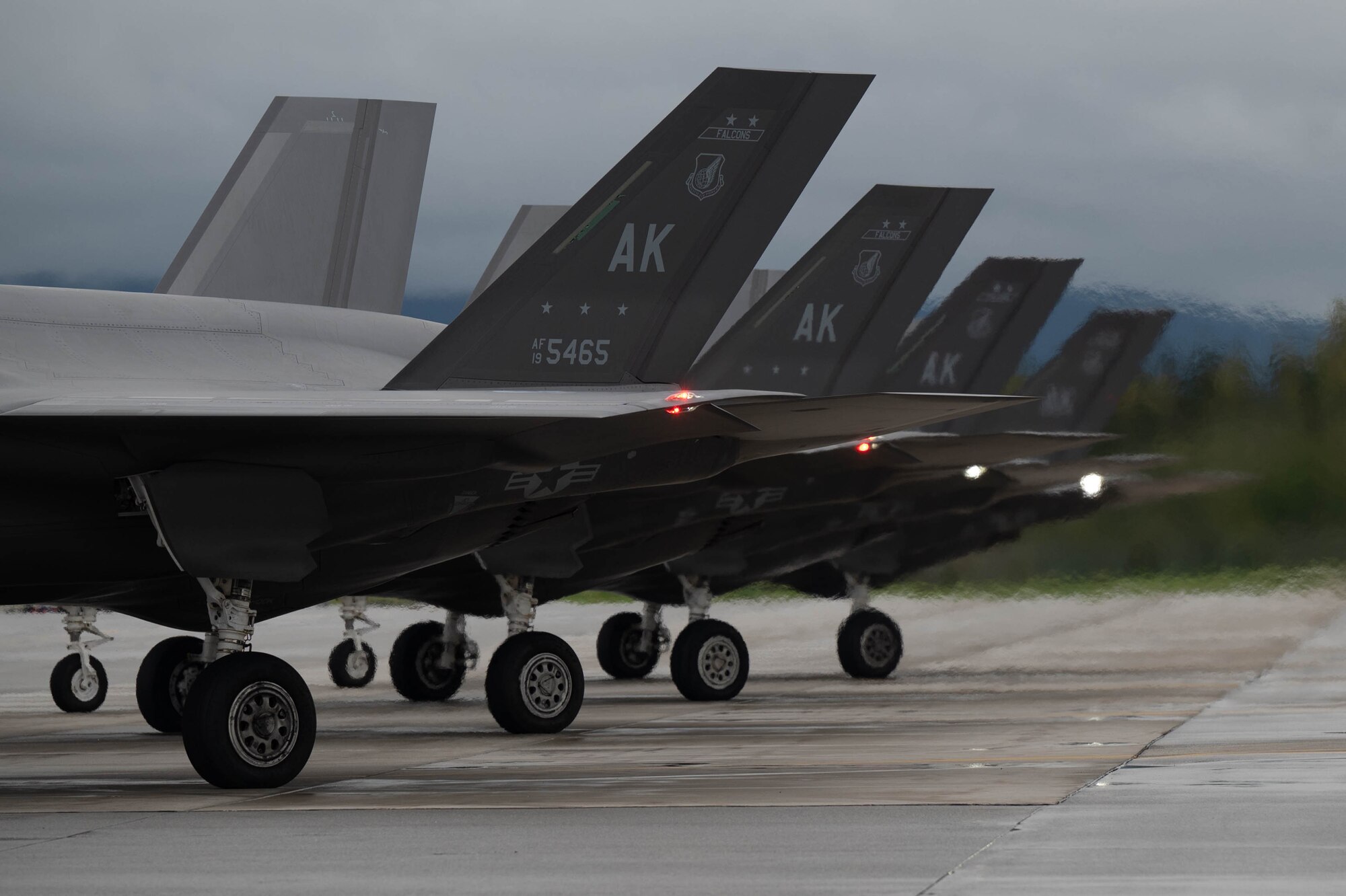 Four F-35A Lightning II’s, assigned to the 355th Fighter Squadron, stand by for takeoff during Red Flag-Alaska 24-3 at Eielson Air Force Base, Alaska, Aug. 22, 2024.
