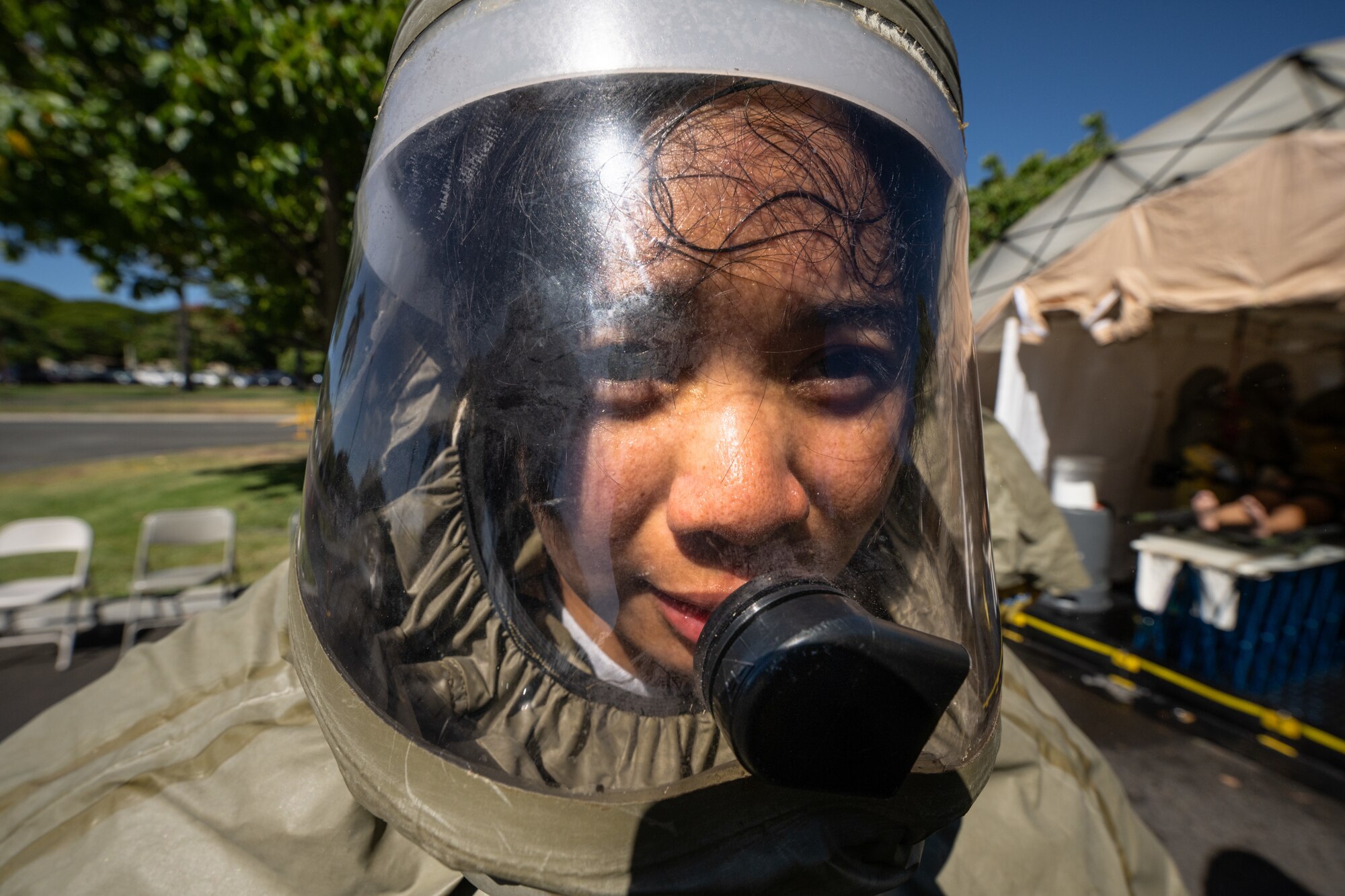 Airman wears protective gear during an exercise.