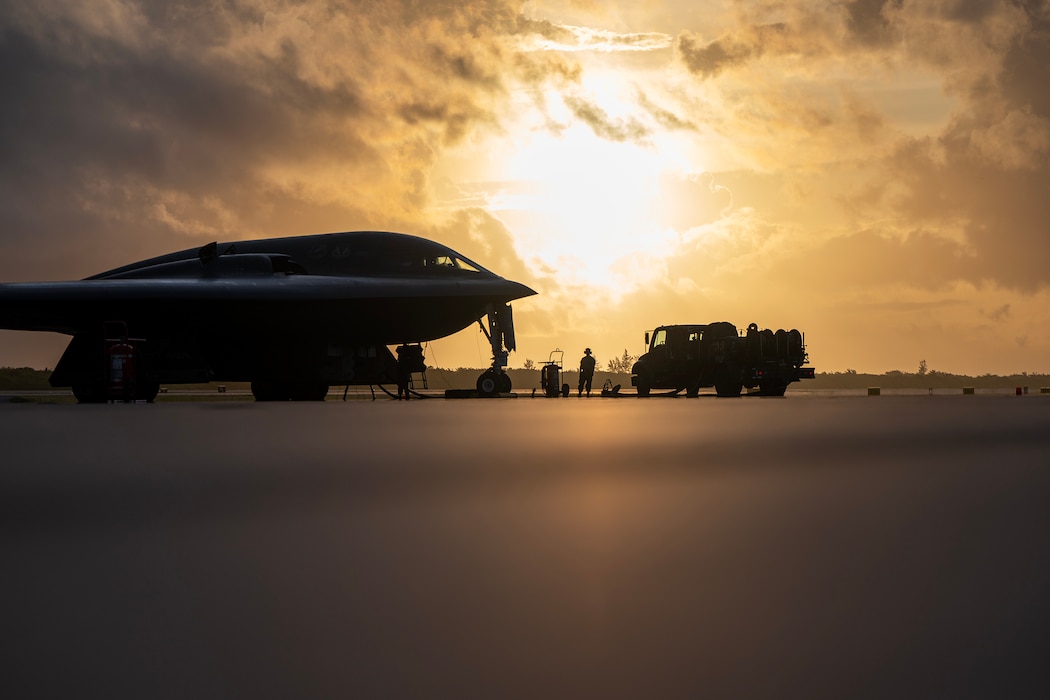 U.S. Air Force Airmen assigned to the 110th Expeditionary Bomb Squadron conduct hot pit refueling on a B-2 Spirit stealth bomber during a Bomber Task Force mission at Diego Garcia, British Indian Ocean Territory, Aug. 21, 2024. Bomber missions enhance the U.S. Air Force’s readiness to respond to any potential crisis or challenge in the Indo-Pacific through joint and multilateral operations. (U.S. Air National Guard photo by Staff Sgt. Whitney Erhart)