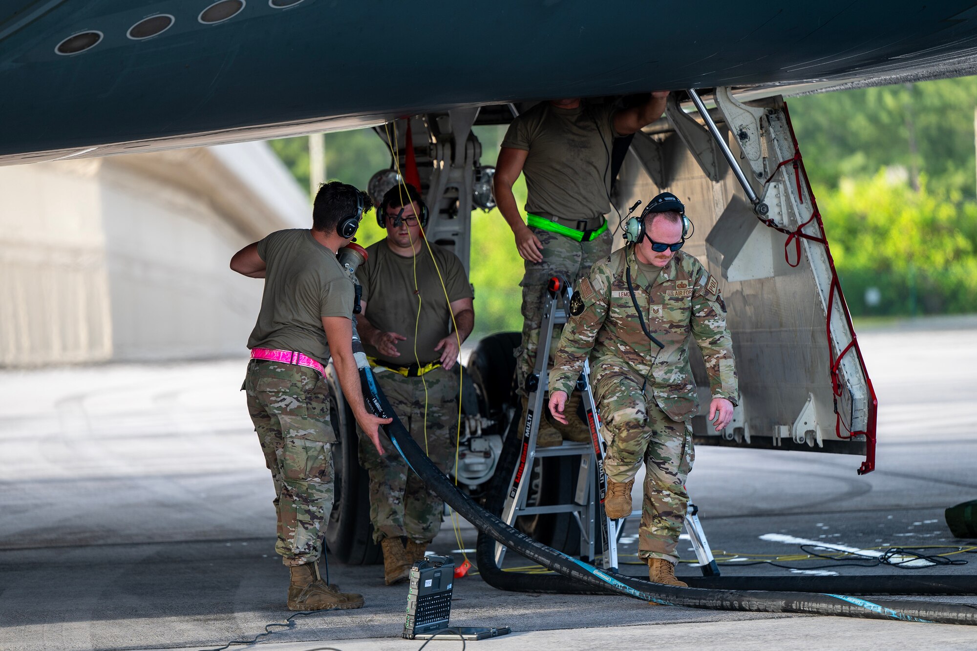 U.S. Air Force Airmen assigned to the 110th Expeditionary Bomb Squadron conduct hot pit refueling on a B-2 Spirit stealth bomber during a Bomber Task Force mission at Diego Garcia, British Indian Ocean Territory, Aug. 21, 2024. Bomber missions enhance the U.S. Air Force’s readiness to respond to any potential crisis or challenge in the Indo-Pacific through joint and multilateral operations. (U.S. Air National Guard photo by Staff Sgt. Whitney Erhart)