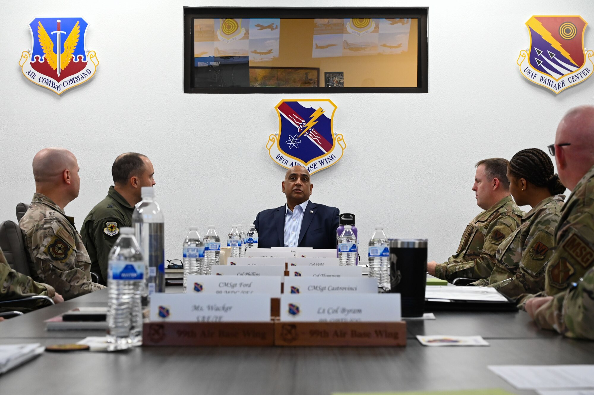 Dr. Ravi Chaudhary, Assistant Secretary of the Air Force for Energy, Installations, and Environment (SAF/IE), speaks to the 57th Wing and 99th Air Base Wing leadership