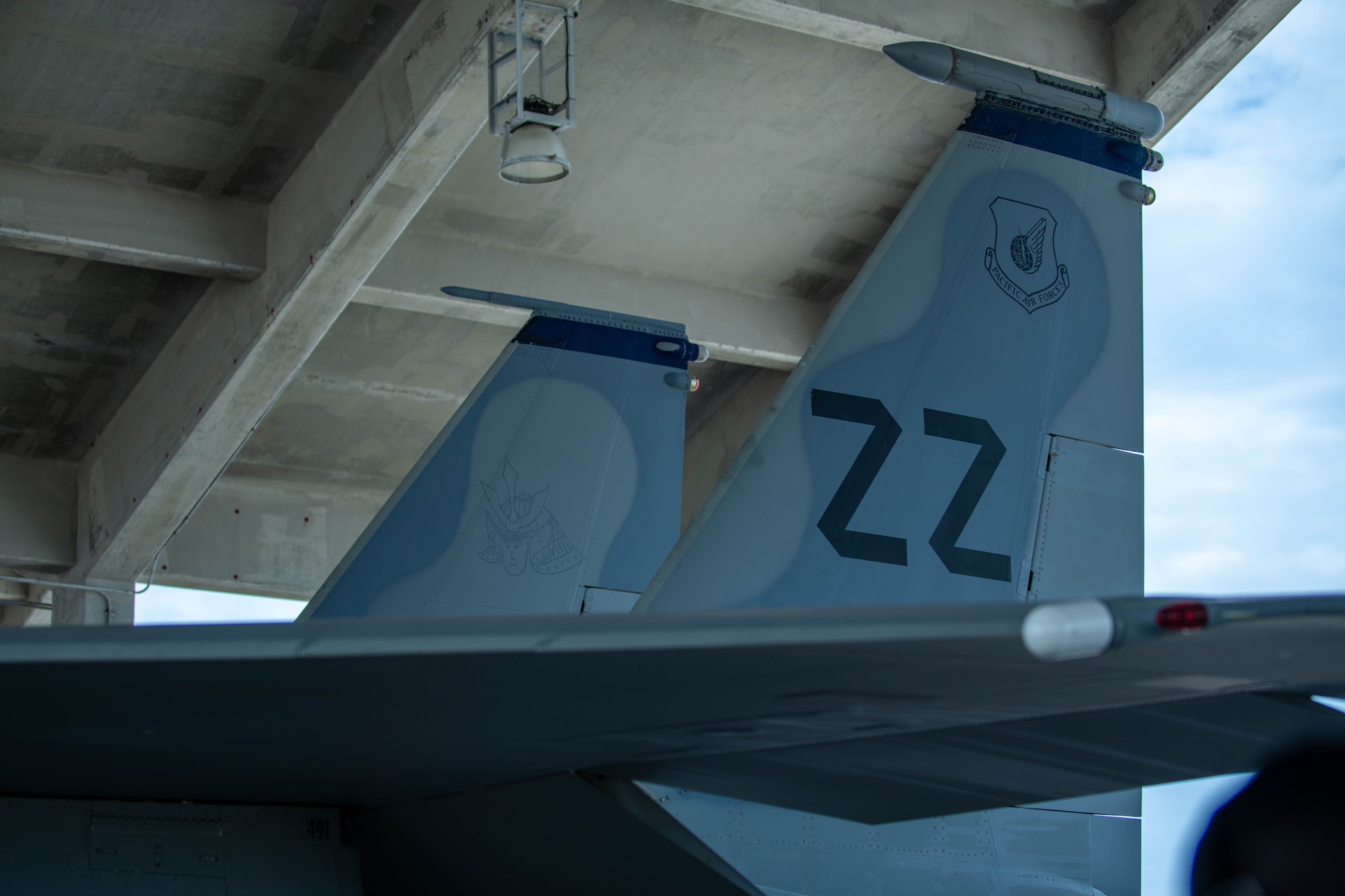 A U.S. Air Force F-15C Eagle assigned to the 67th Fighter Squadron, displays its ZZ tail flash at Kadena Air Base, Japan, Aug. 15, 2024.