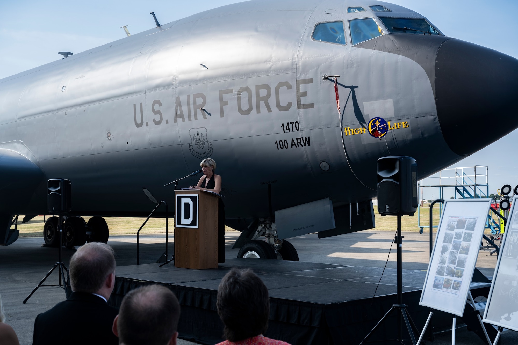 Paula Harper-Sparks, daughter of U.S. Army Air Forces Flight Officer Joseph Harper, 351st Bomb Squadron and 100th Bomb Group co-pilot on the original B-17 Flying Fortress “High Life,” speaks at the nose art unveiling of “High Life” on a KC-135 Stratotanker at Royal Air Force Mildenhall, England, Aug. 17, 2024. Harper-Sparks spoke at the nose art dedication ceremony to commemorate her father who served in the original “Bloody Hundredth.” (U.S. Air Force photo by Senior Airman Alvaro Villagomez)