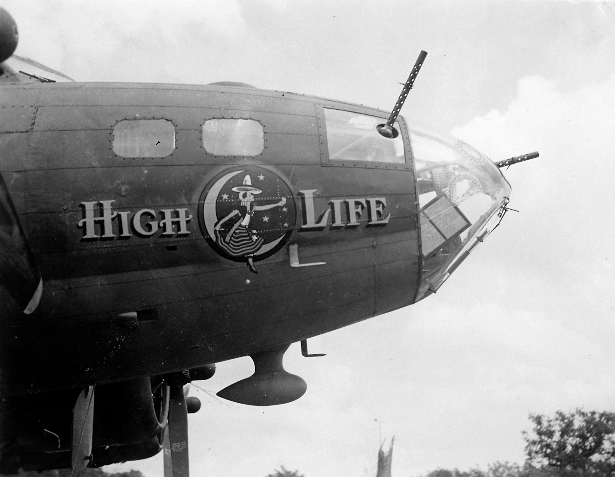 “High Life” was a B-17 Flying Fortress and the first aircraft assigned to the 351st Bomb Squadron, 100th Bomb Group at Thorpe Abbotts during World War II. It was shot down during the Regensburg mission – the first of the famous eight missions to Germany in 1943, which earned the 100th BG their nickname of the “Bloody Hundredth.” In order to survive, the pilot of High Life, Lt. Donald Oakes, made the decision to turn towards Switzerland, where they crash-landed and were interred for the next couple of years. The original nose art design on the B-17 has now been put on one of the 100th Air Refueling Wing’s KC-135 Stratotankers, which was unveiled at a ceremony at Royal Air Force Mildenhall, England, Aug. 17, 2024. The KC-135 now wears both this and the previous design to act as a reminder of those who served before us, while also honoring those who serve today. (Courtesy photo from 100th Bomb Group Foundation archives)