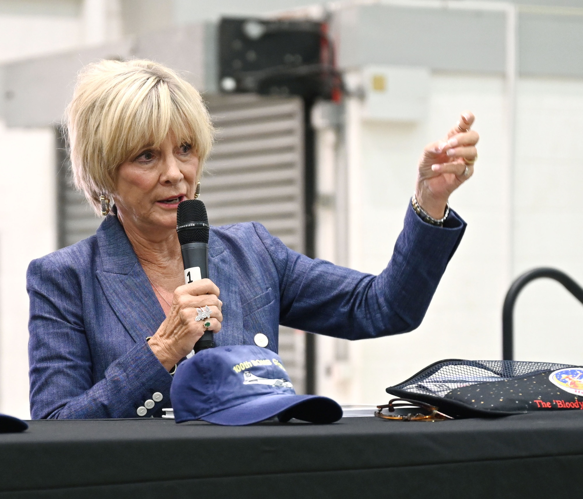 Paula Harper-Sparks, daughter of U.S. Army Air Forces Flight Officer Joseph Harper, 351st Bomb Squadron and 100th Bomb Group co-pilot, shares stories of her father’s time flying missions out of Thorpe Abbotts during World War II as part of Heritage Day events at Royal Air Force Mildenhall, England, Aug. 16, 2024. The base welcomed family members of 100th BG veterans who shared stories of their fathers’ time serving during World War II. (U.S. Air Force photo by Karen Abeyasekere)