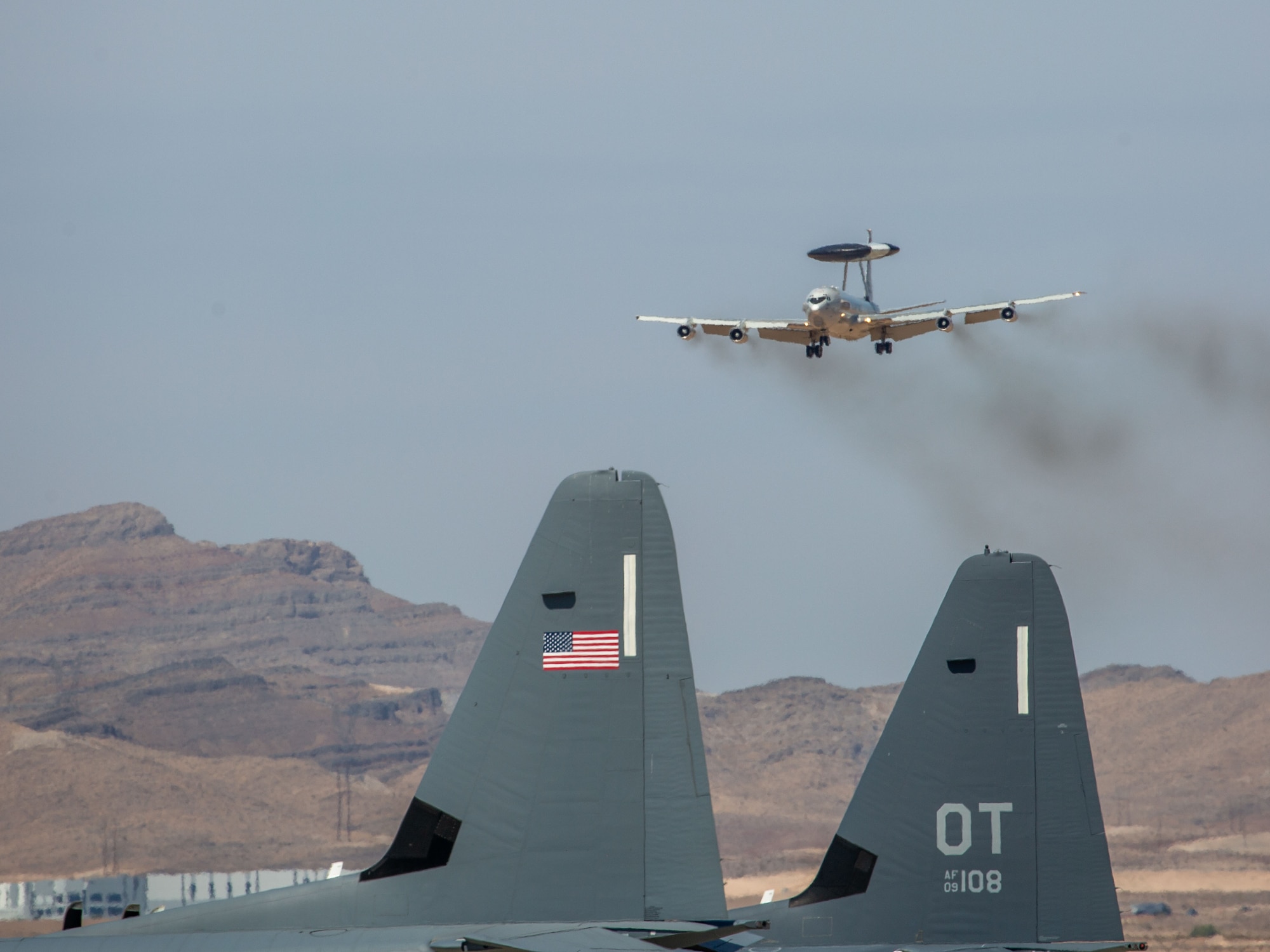 An E-3 Sentry lands at Nellis Air Force Base, Nev., during Bamboo Eagle 24-3 on Aug. 8, 2024. The E-3s achieved a perfect 10 for 10 launch rate during the exercise, underscoring their critical value in providing command and control capabilities essential to the success of joint and allied operations. (U.S. Air Force photo by Garrett N. Cole)