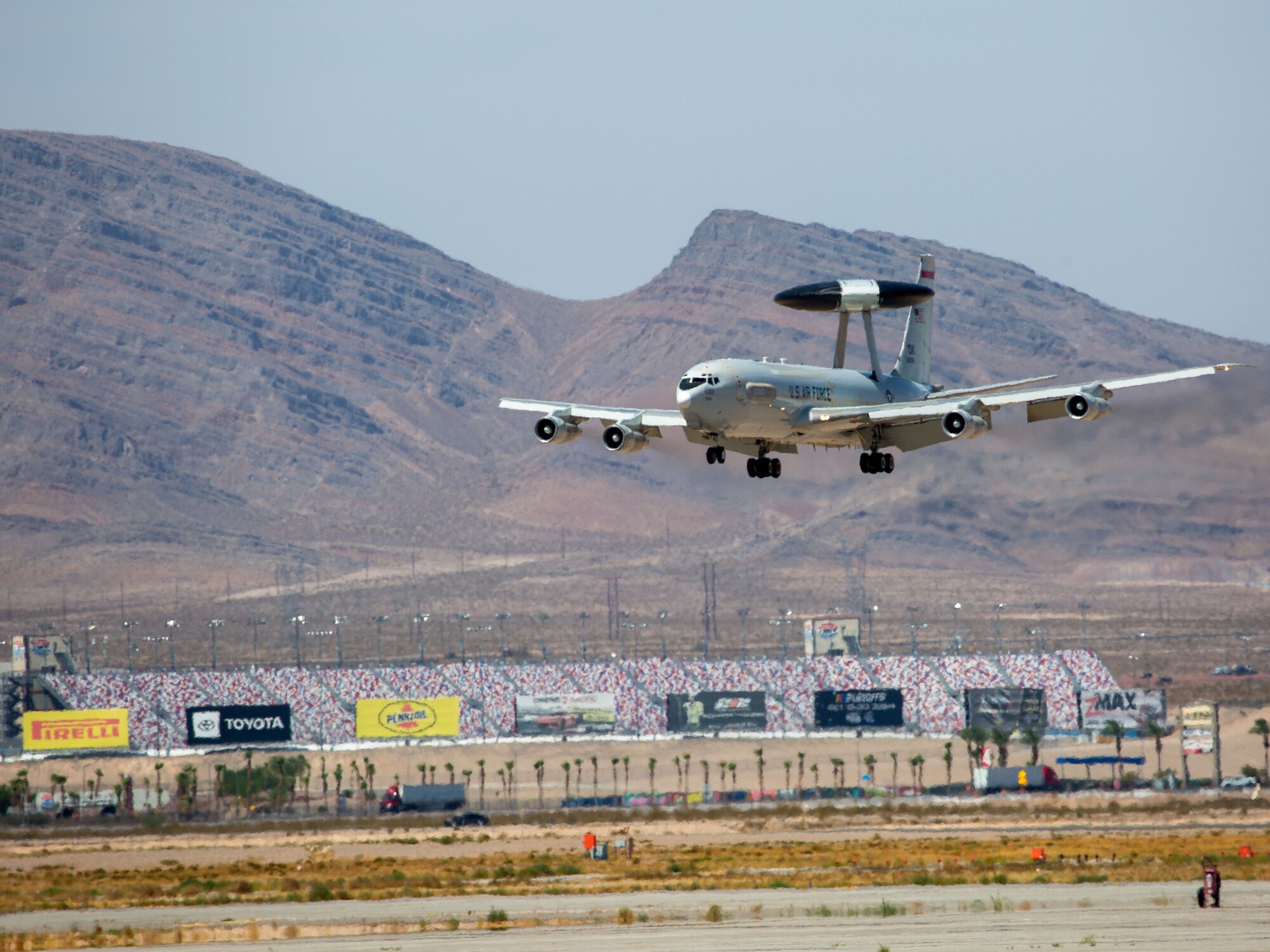 An E-3 Sentry lands at Nellis Air Force Base, Nev., during Bamboo Eagle 24-3 on Aug. 8, 2024. The E-3s achieved a perfect 10 for 10 launch rate during the exercise, underscoring their critical value in providing command and control capabilities essential to the success of joint and allied operations. (U.S. Air Force photo by Garrett N. Cole)