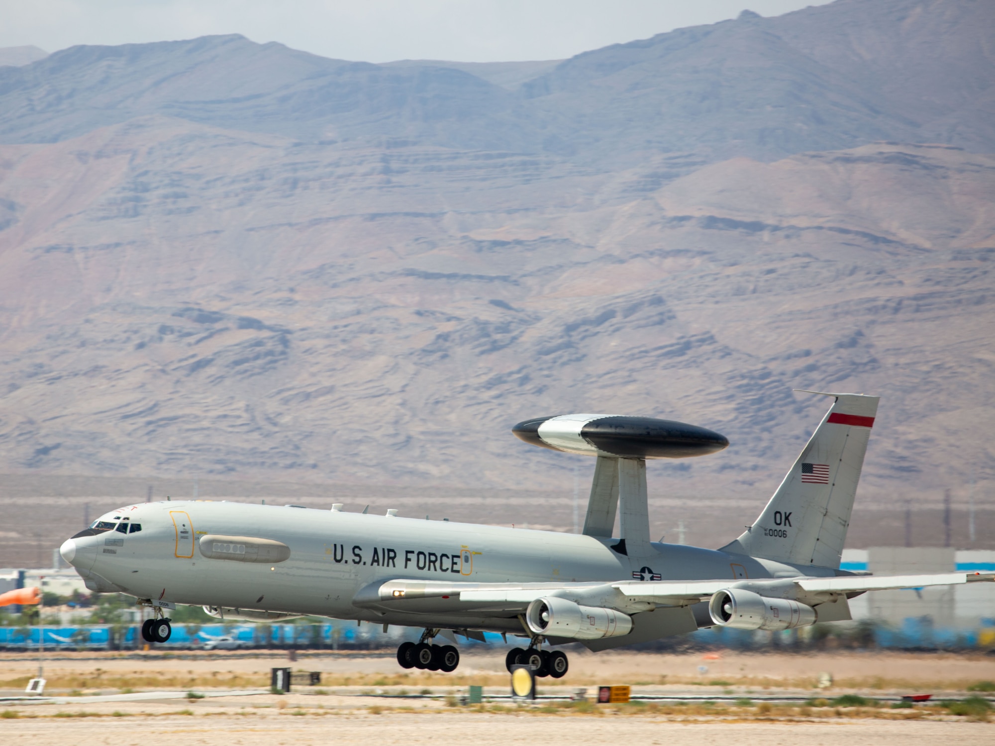 An E-3 Sentry lands at Nellis Air Force Base, Nev., during Bamboo Eagle 24-3 on Aug. 8, 2024. The E-3s achieved a perfect 10 for 10 launch rate during the exercise, underscoring their critical value in providing command and control capabilities essential to the success of joint and allied operations. (U.S. Air Force photo by Garrett N. Cole)