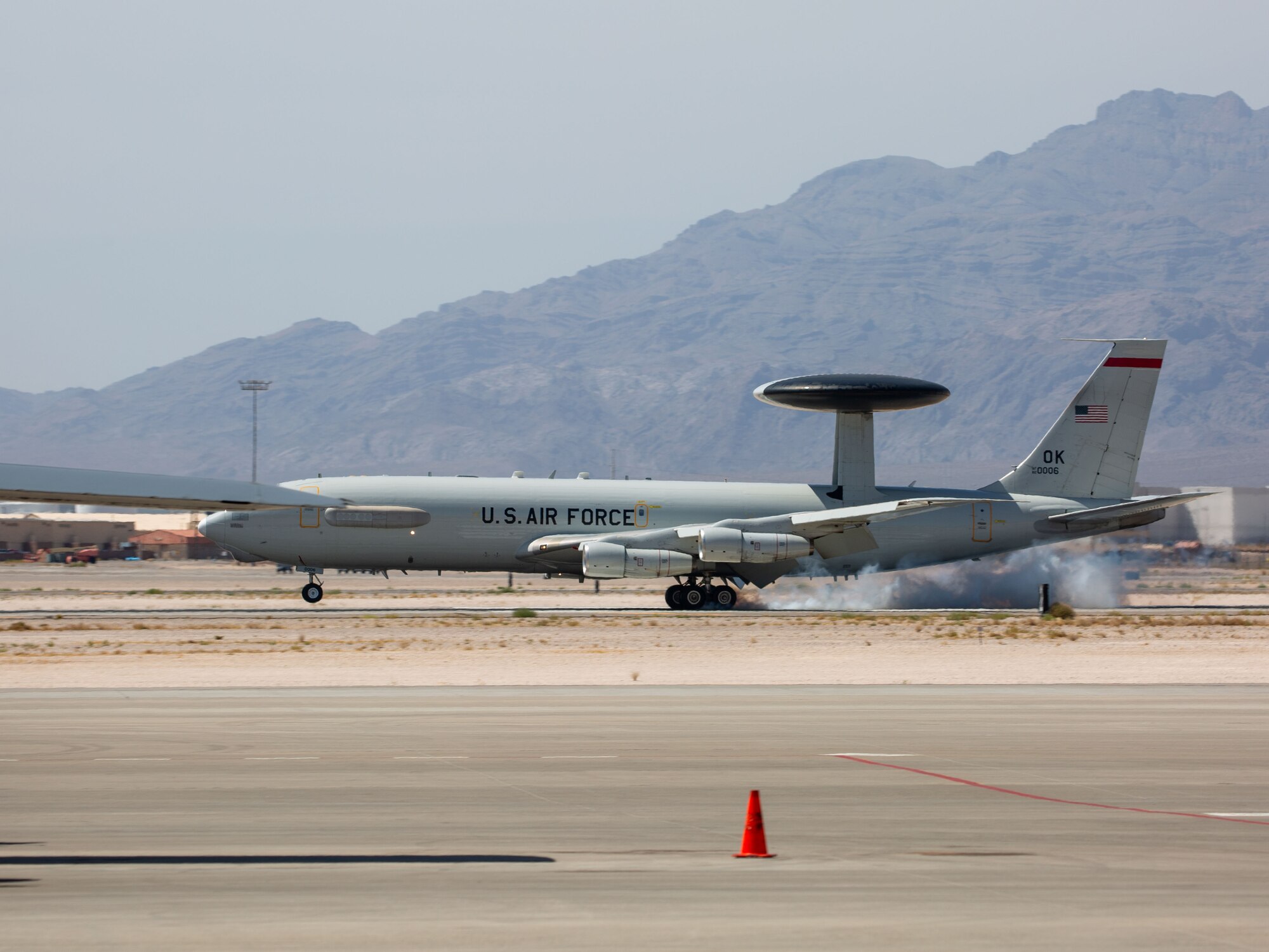 An E-3 Sentry lands at Nellis Air Force Base, Nev., during Bamboo Eagle 24-3 on Aug. 8, 2024. The E-3s achieved a perfect 10 for 10 launch rate during the exercise, underscoring their critical value in providing command and control capabilities essential to the success of joint and allied operations. (U.S. Air Force photo by Garrett N. Cole)
