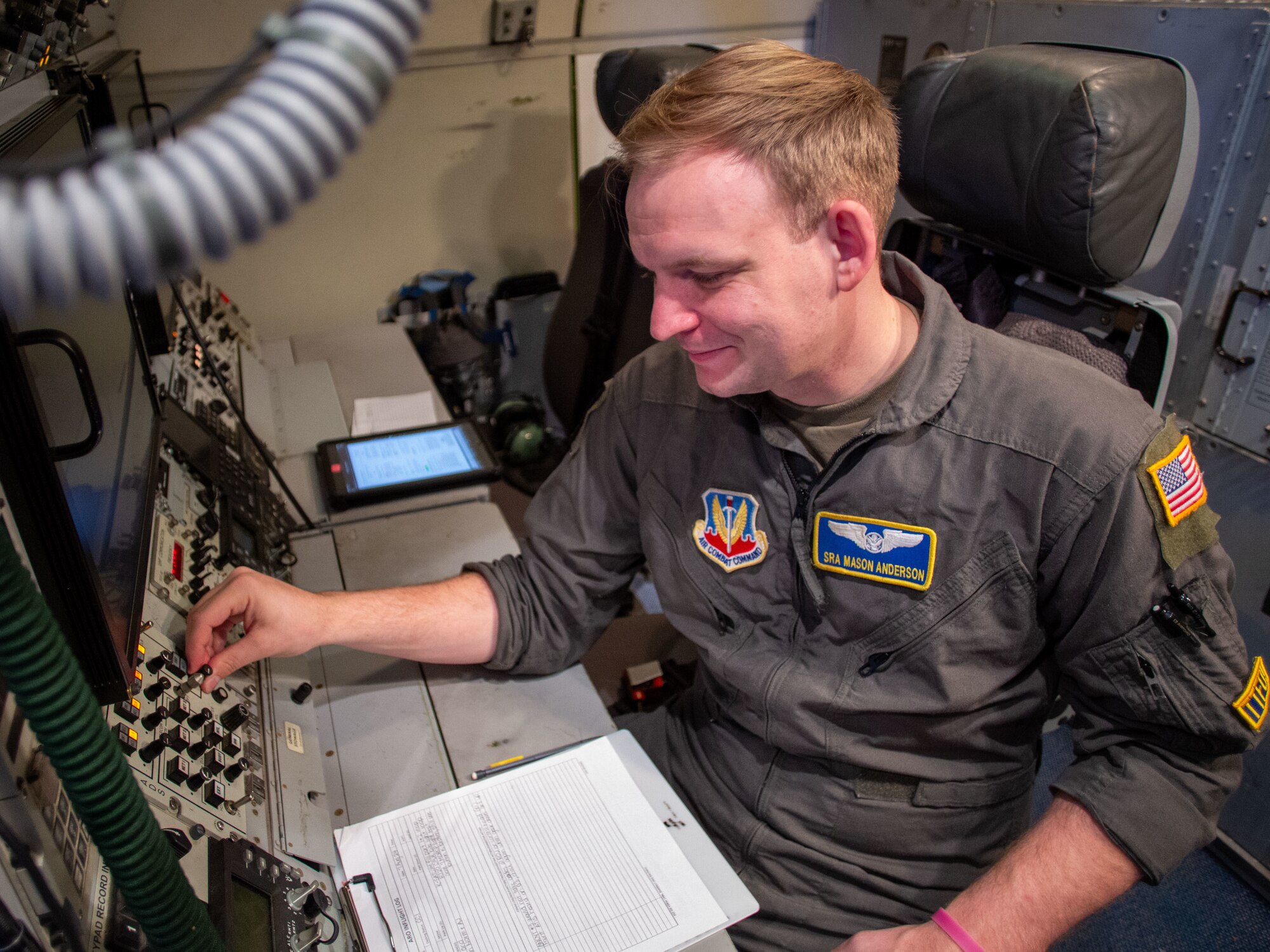 Senior Airman Mason Anderson, an airborne data systems technician from the 965th Airborne Air Control Squadron, conducts preflight checks onboard an E-3 Sentry during Bamboo Eagle 24-3 at Nellis Air Force Base, Nev., Aug. 8, 2024. The 965th AACS is pivotal in maintaining data integrity and system functionality, ensuring the E-3’s operational readiness for this large-scale exercise. (U.S. Air Force photo by Garrett N. Cole)