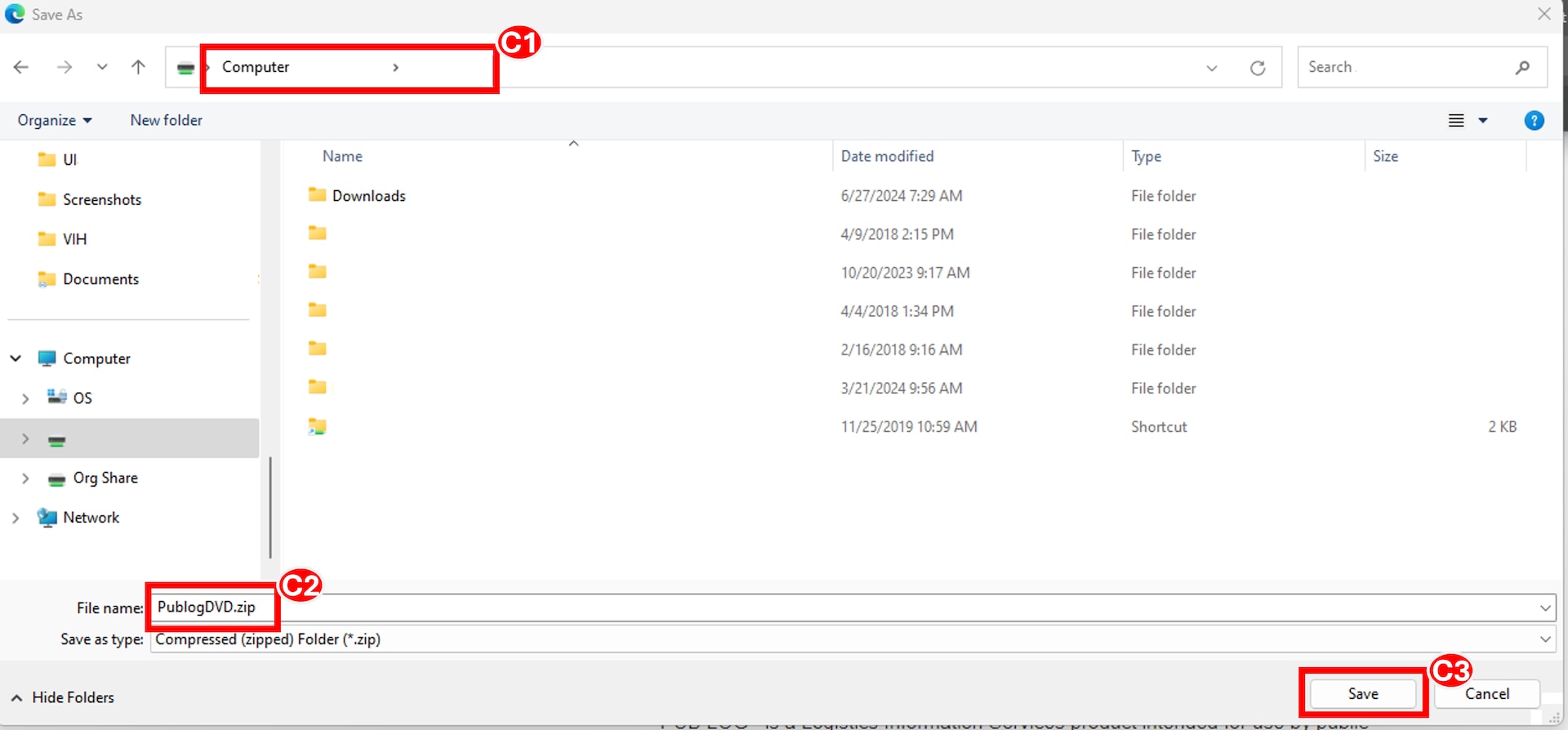 In the file explorer the user confirms file location, file name and selects save.