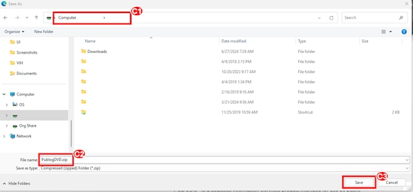 In the file explorer the user confirms file location, file name and selects save.