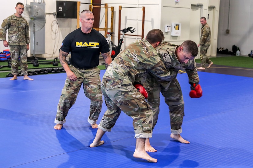 Approximately 30 U.S. Army Soldiers with the Pennsylvania National Guard participate in a five-day Army Combatives training program August 12-16 at Fort Indiantown Gap. Army Combatives trains leaders and Soldiers in close quarters combat to instill the Warrior Ethos and prepare Soldiers to defeat the enemy in hand-to-hand combat. (U.S. Army National Guard photo by Sgt. 1st Class Zane Craig)
