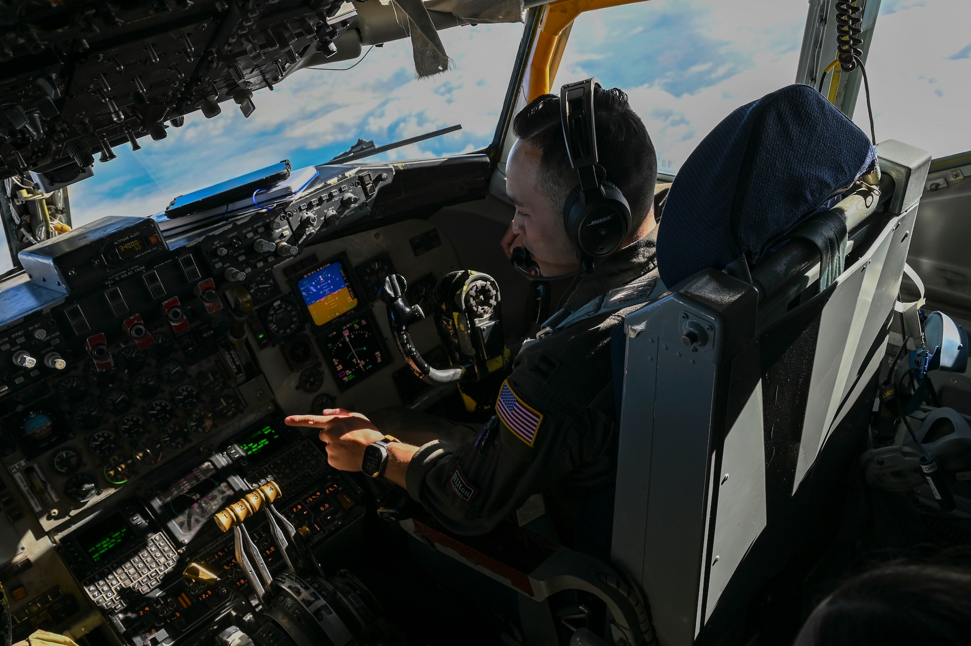A pilot flies a KC-135 Stratotanker.