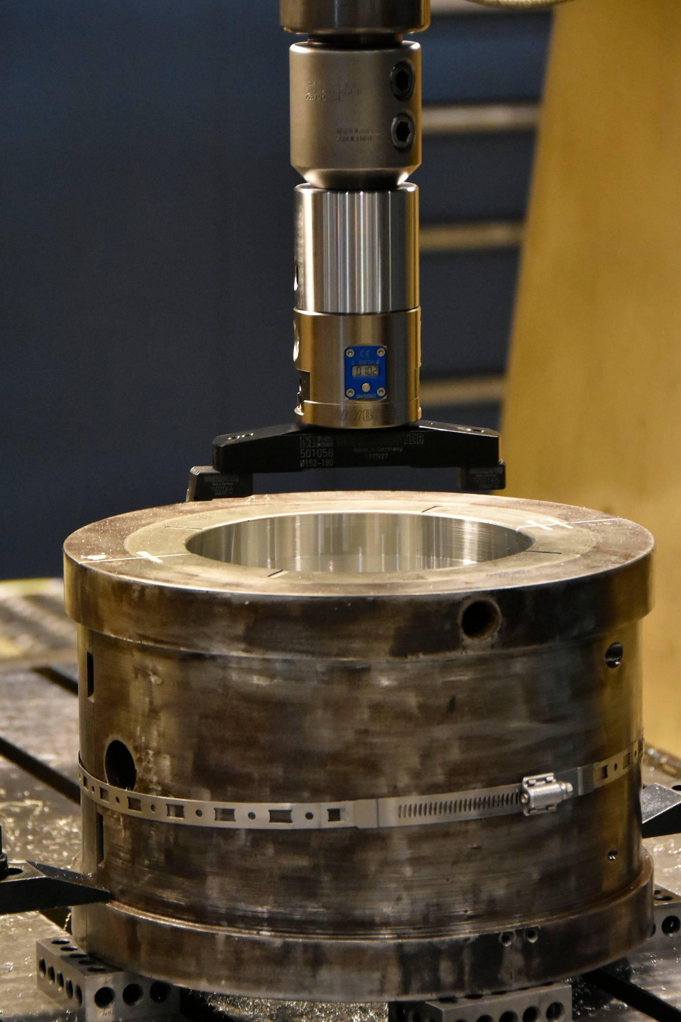 One of the new boring heads purchased by the Arnold Engineering Development Complex Model and Machine Shop at Arnold Air Force Base, Tenn., using innovation grant funding received in 2024 through the AEDC Spark Tank program is shown attached and ready for use July 30, 2024. The boring heads include technology that measures bored openings in equipment and features built-in digital readouts which allow machinists to quickly see whether a hole meets required specifications. Before the acquisition of these new boring heads, an indicator had to be placed on the bored equipment and a read-out obtained manually. (U.S. Air Force photo by Bradley Hicks)
