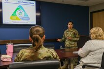 U.S. Air Force 1st Lt. Claudia Hinchey, 9th Medical Group resource management and commander’s support staff flight commander, teaches TeamSTEPPS, Team Strategies and Tools to Enhance Performance and Patient Safety, to 9th MDG personnel at Beale Air Force Base, California, March 12, 2024.