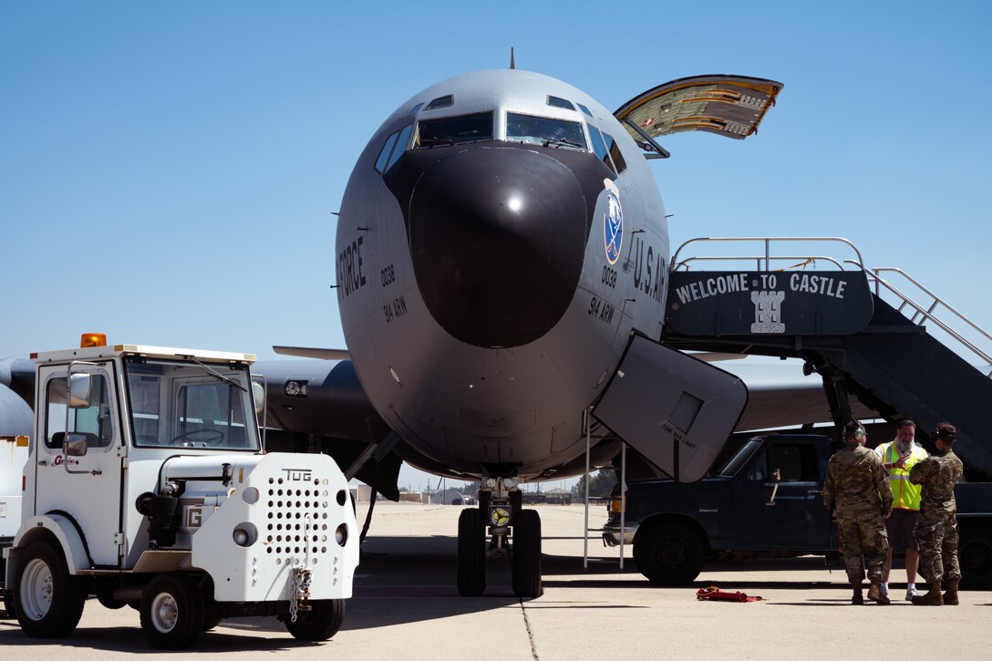A 914th Air Refueling Wing KC-135 Stratotanker from Niagara Falls Air Reserve Station, New York, occupies the flightline at Castle Airport, Atwater, California.